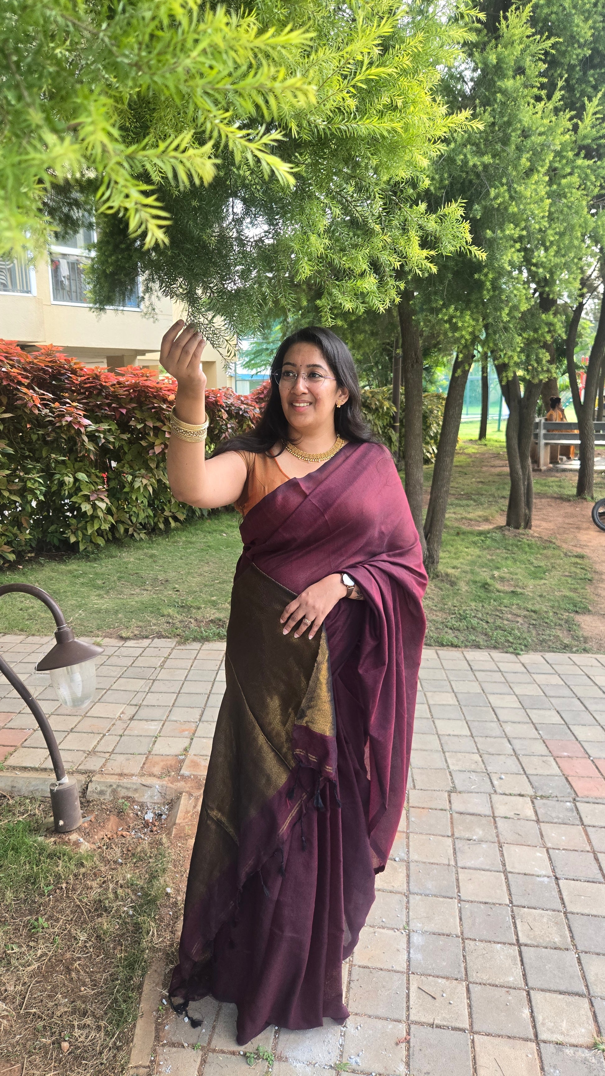 Deep maroon Khadi cotton saree
