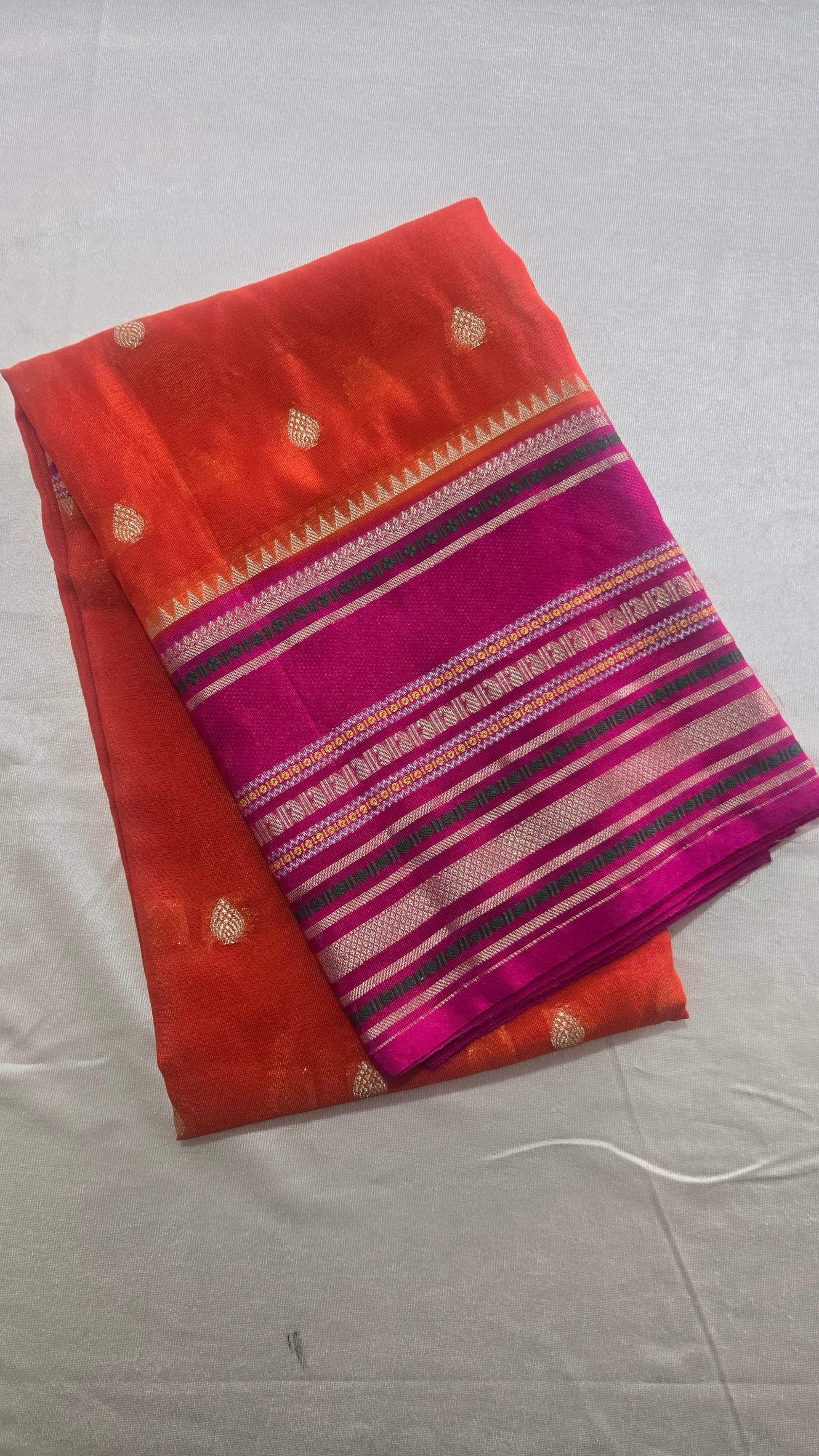 Pink and Orange Banarasi Chiniya Silk Saree with Zari Border