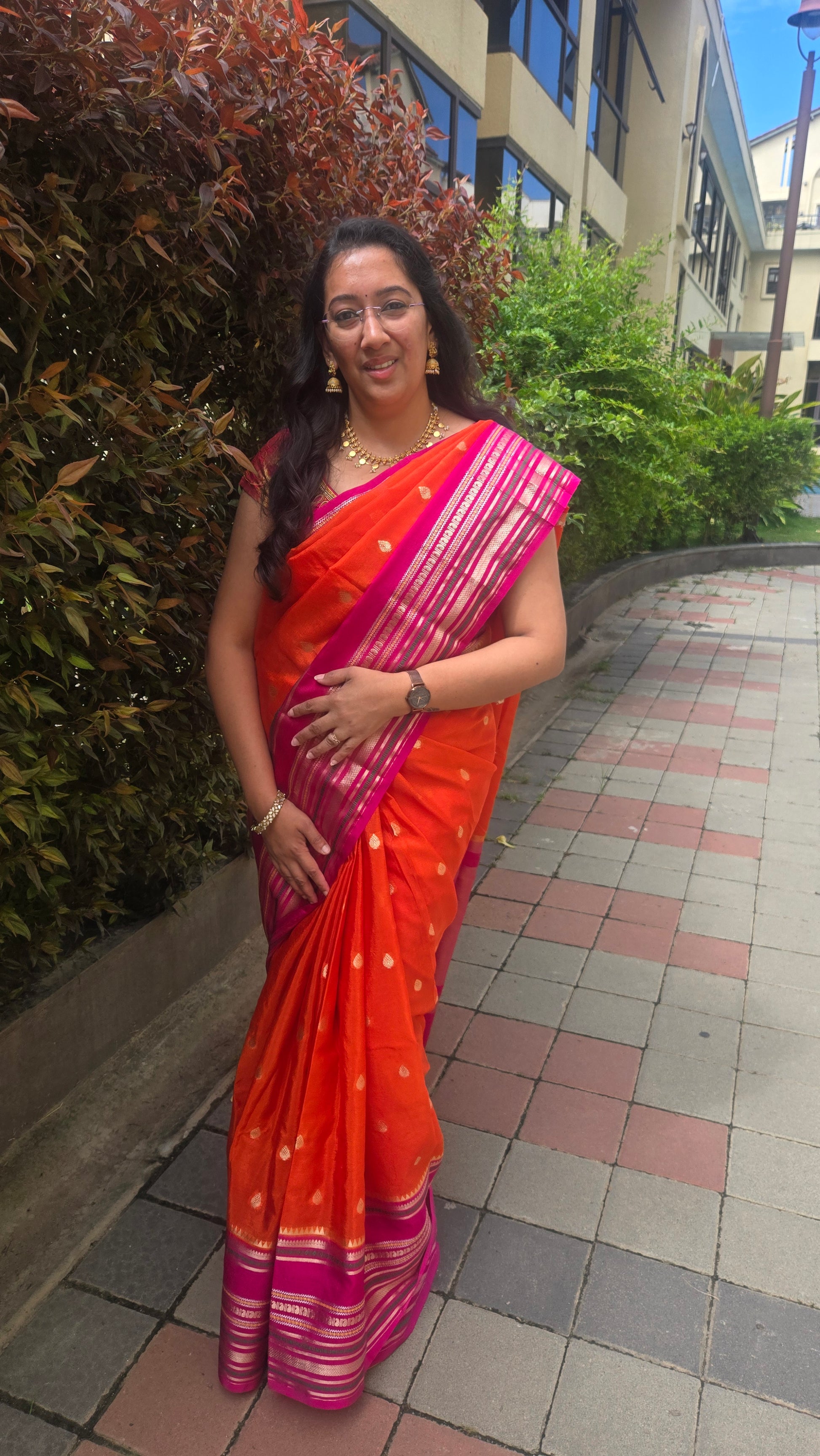 Pink and Orange Banarasi Chiniya Silk Saree with Zari Border