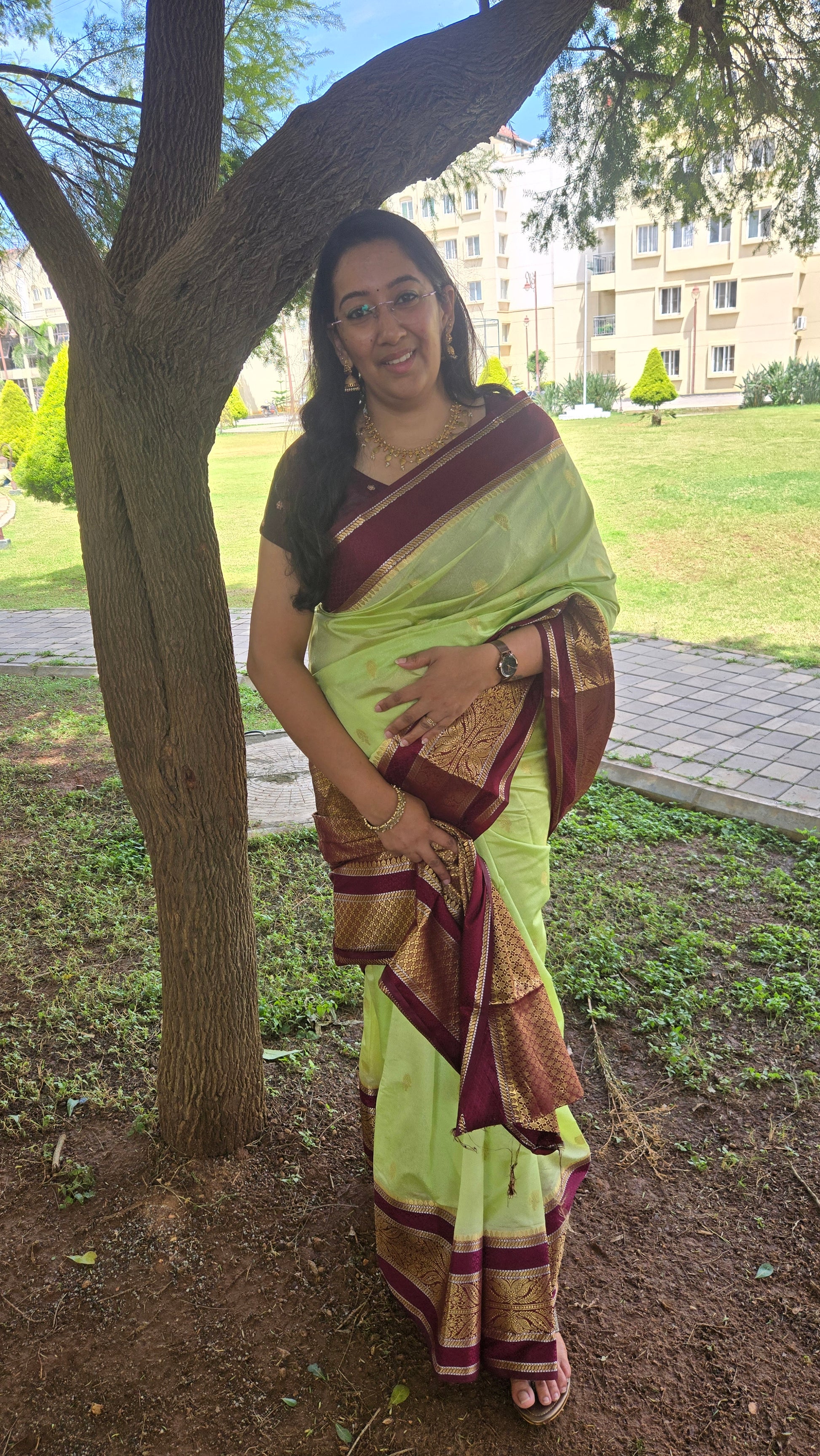 Lime Green & Maroon Banarasi Georgette Saree with Satin Border