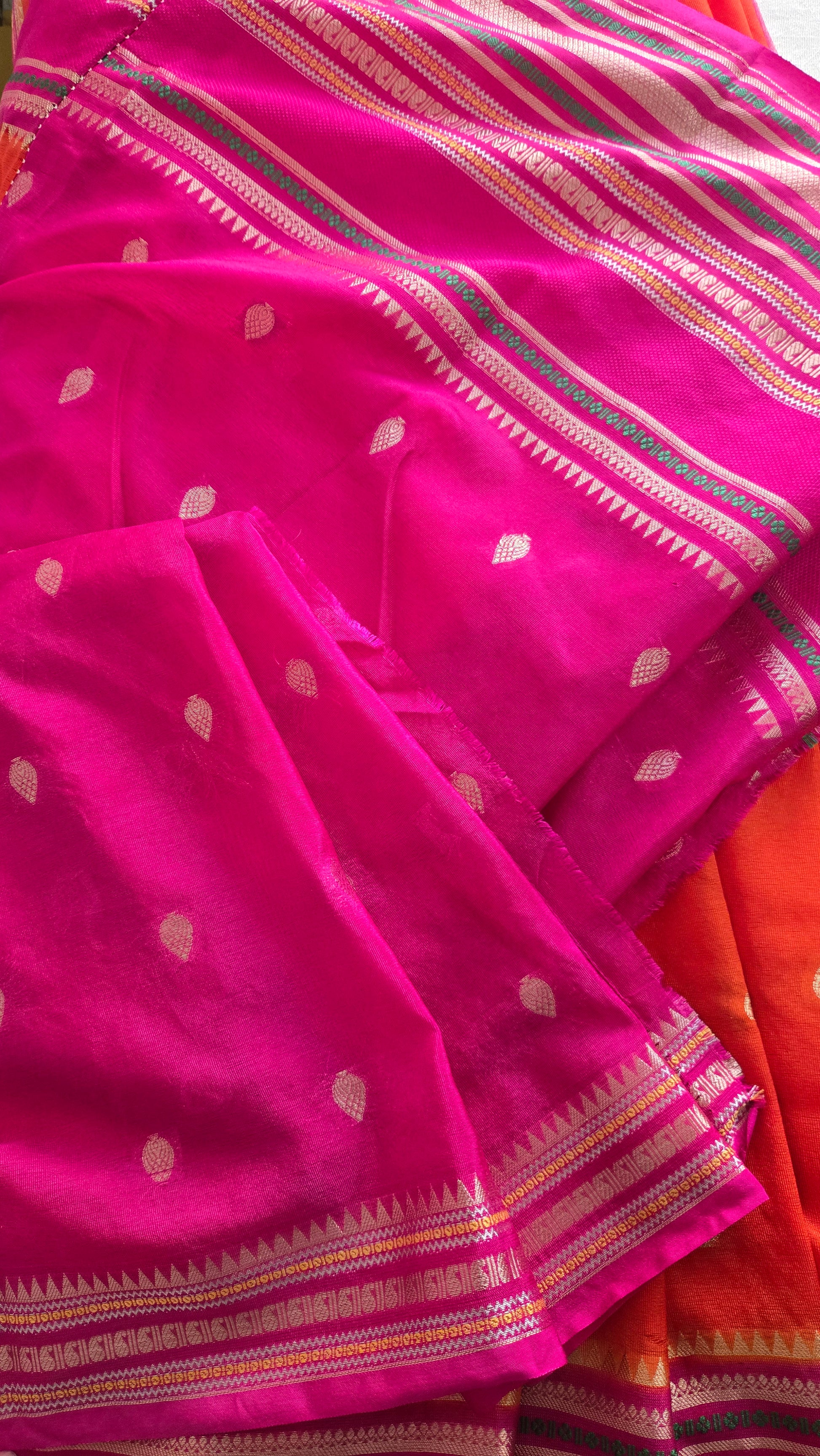Pink and Orange Banarasi Chiniya Silk Saree with Zari Border