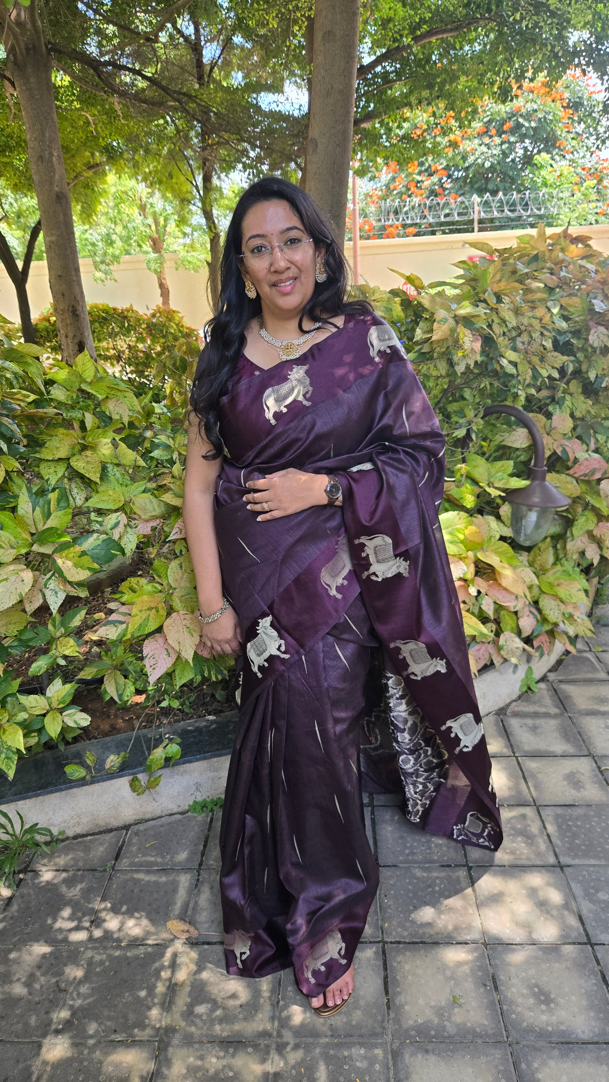 Tussar Pichwai Saree with Cow Motifs and Satin Border