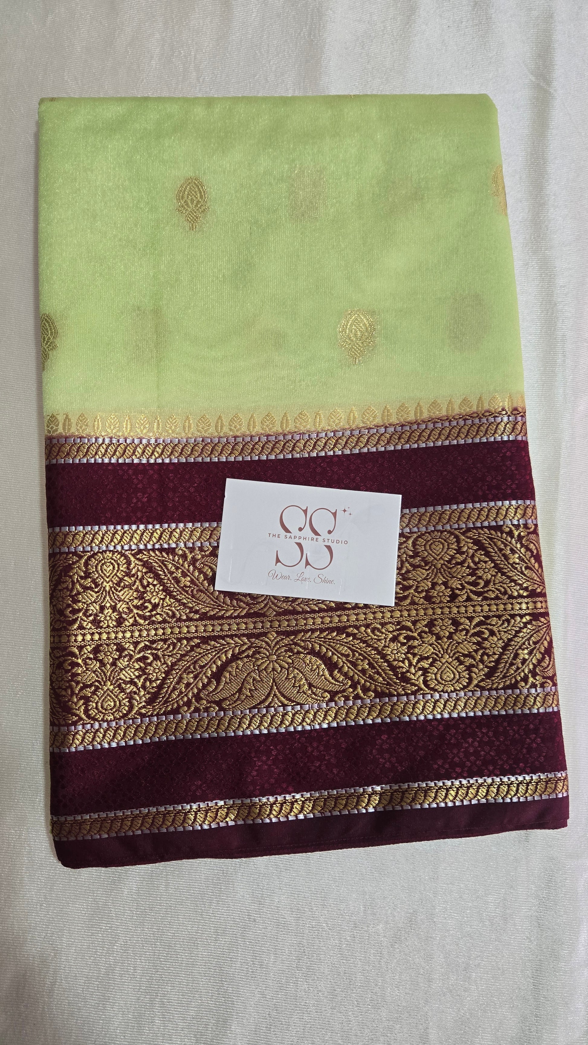 Lime Green & Maroon Banarasi Georgette Saree with Satin Border