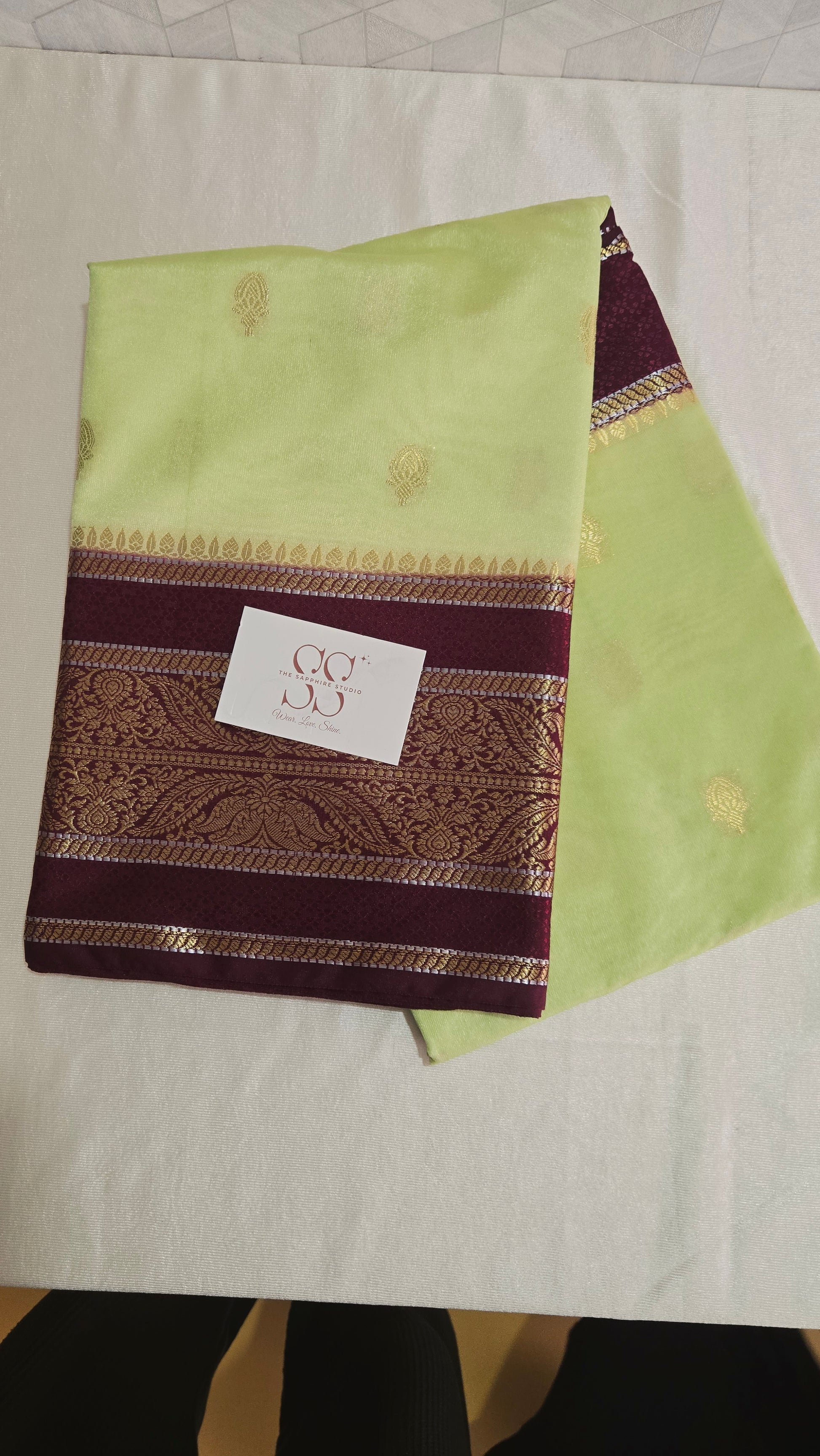 Lime Green & Maroon Banarasi Georgette Saree with Satin Border
