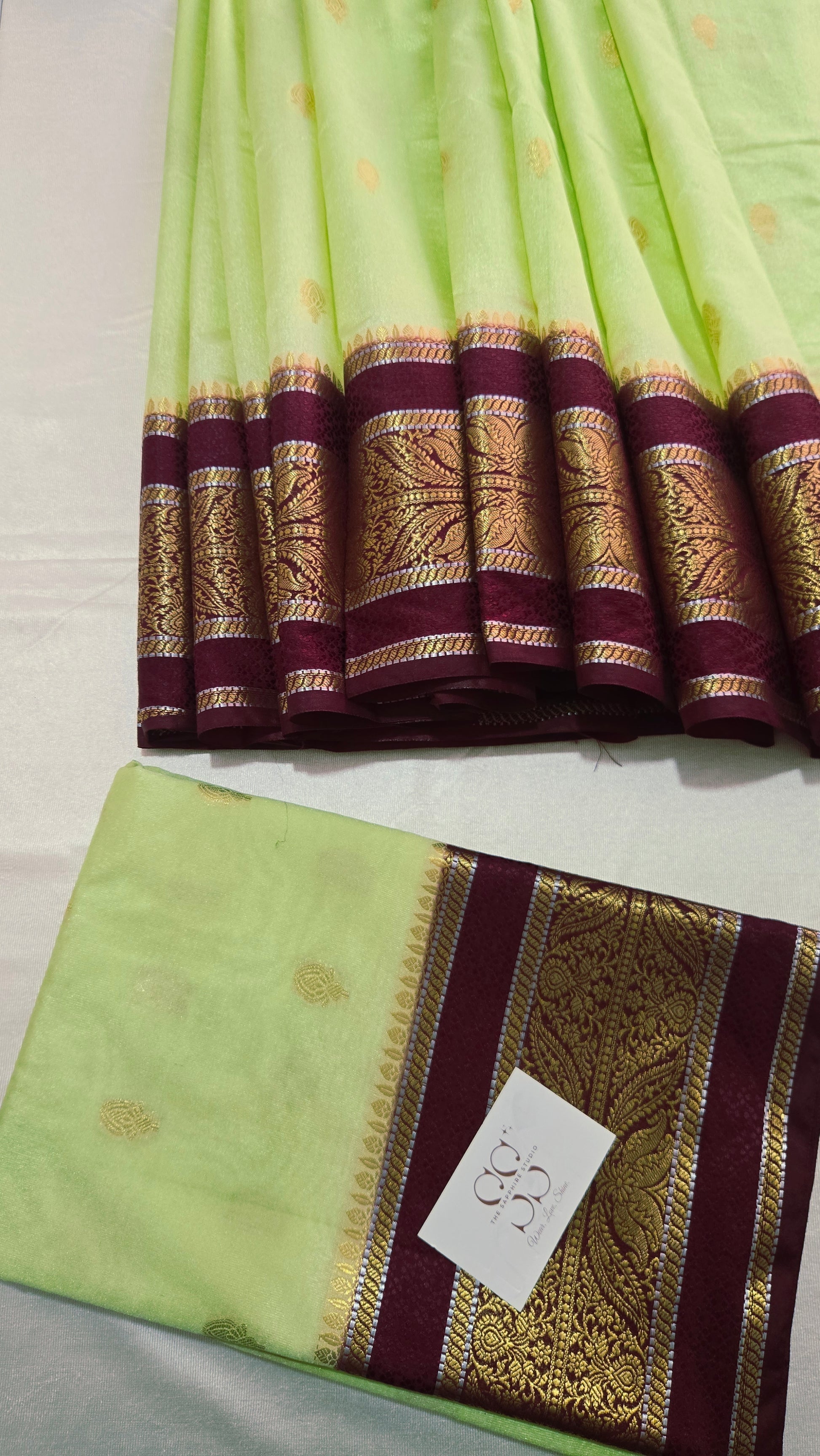 Lime Green & Maroon Banarasi Georgette Saree with Satin Border