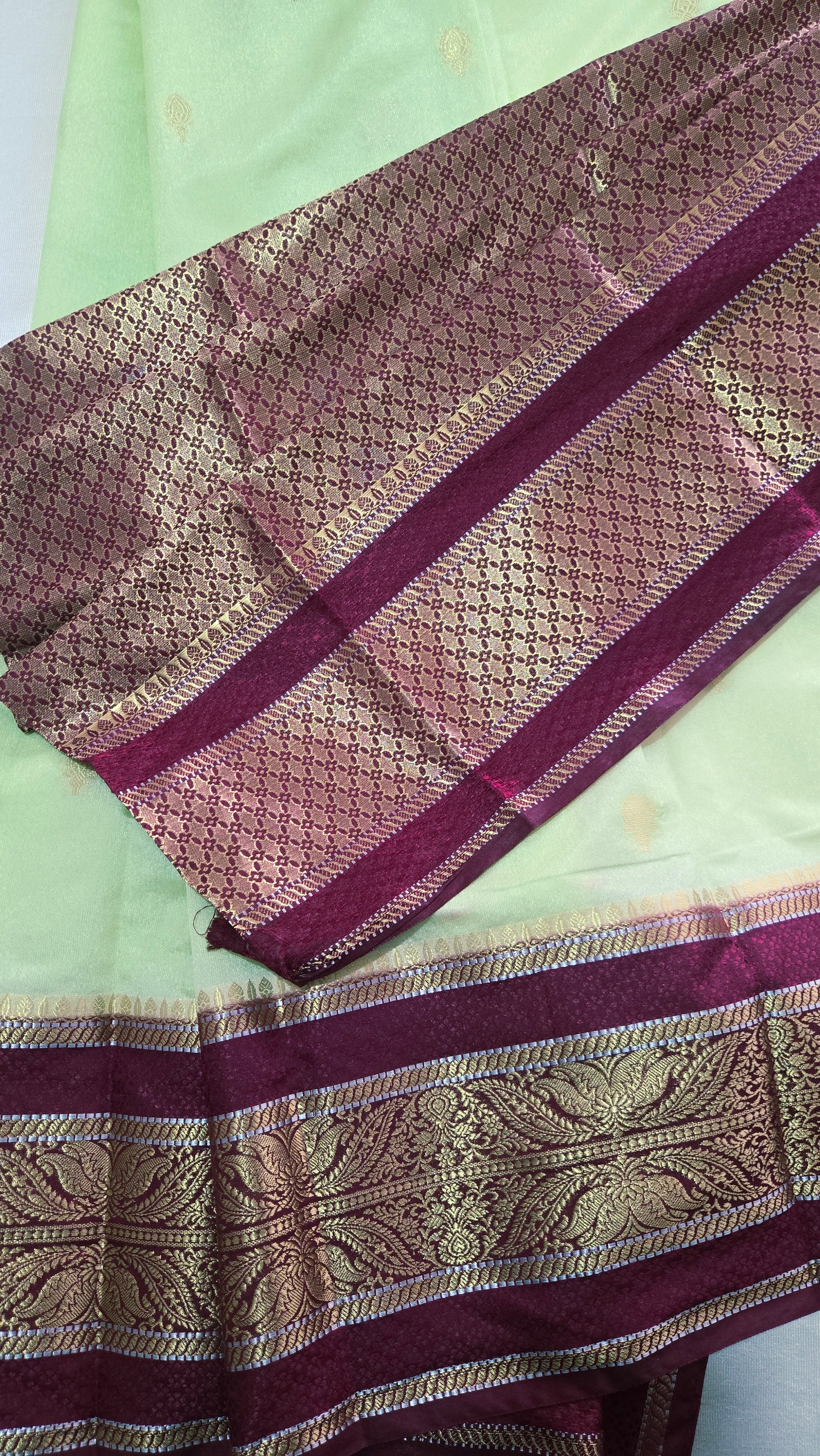 Lime Green & Maroon Banarasi Georgette Saree with Satin Border