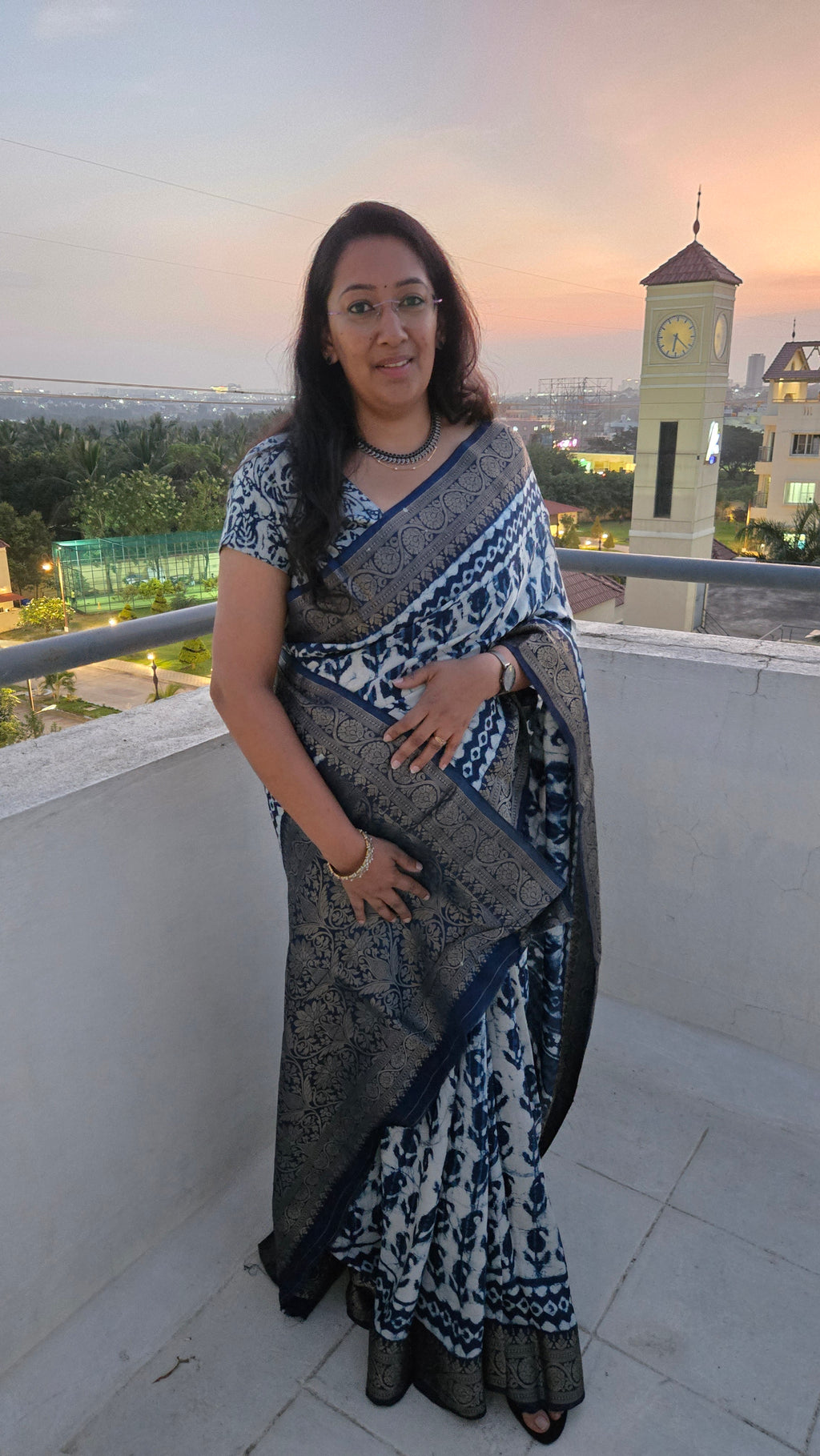 Indigo Dola Silk Saree with Leaf Motif Dabbu Print