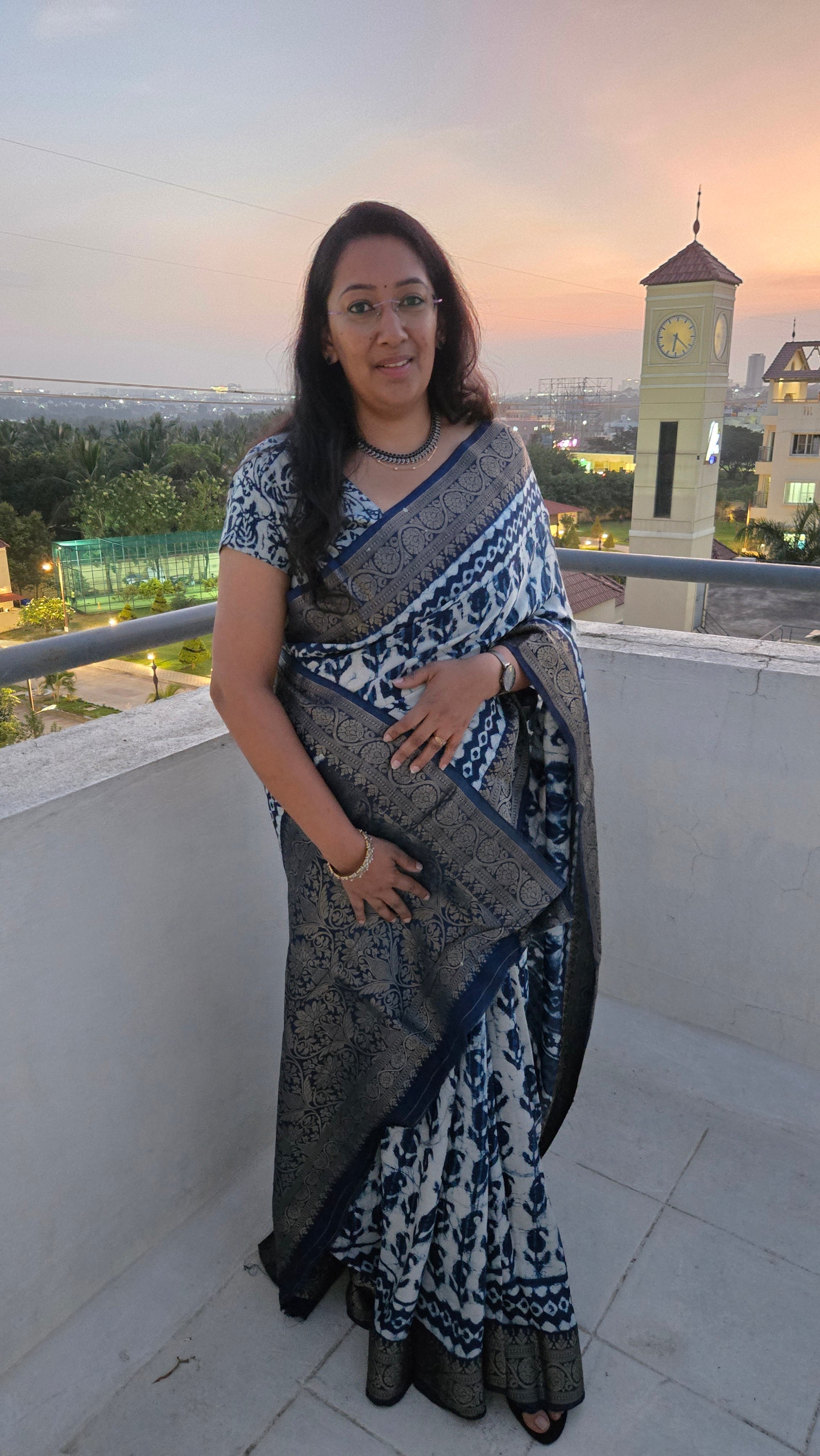 Indigo Dola Silk Saree with Leaf Motif Dabbu Print