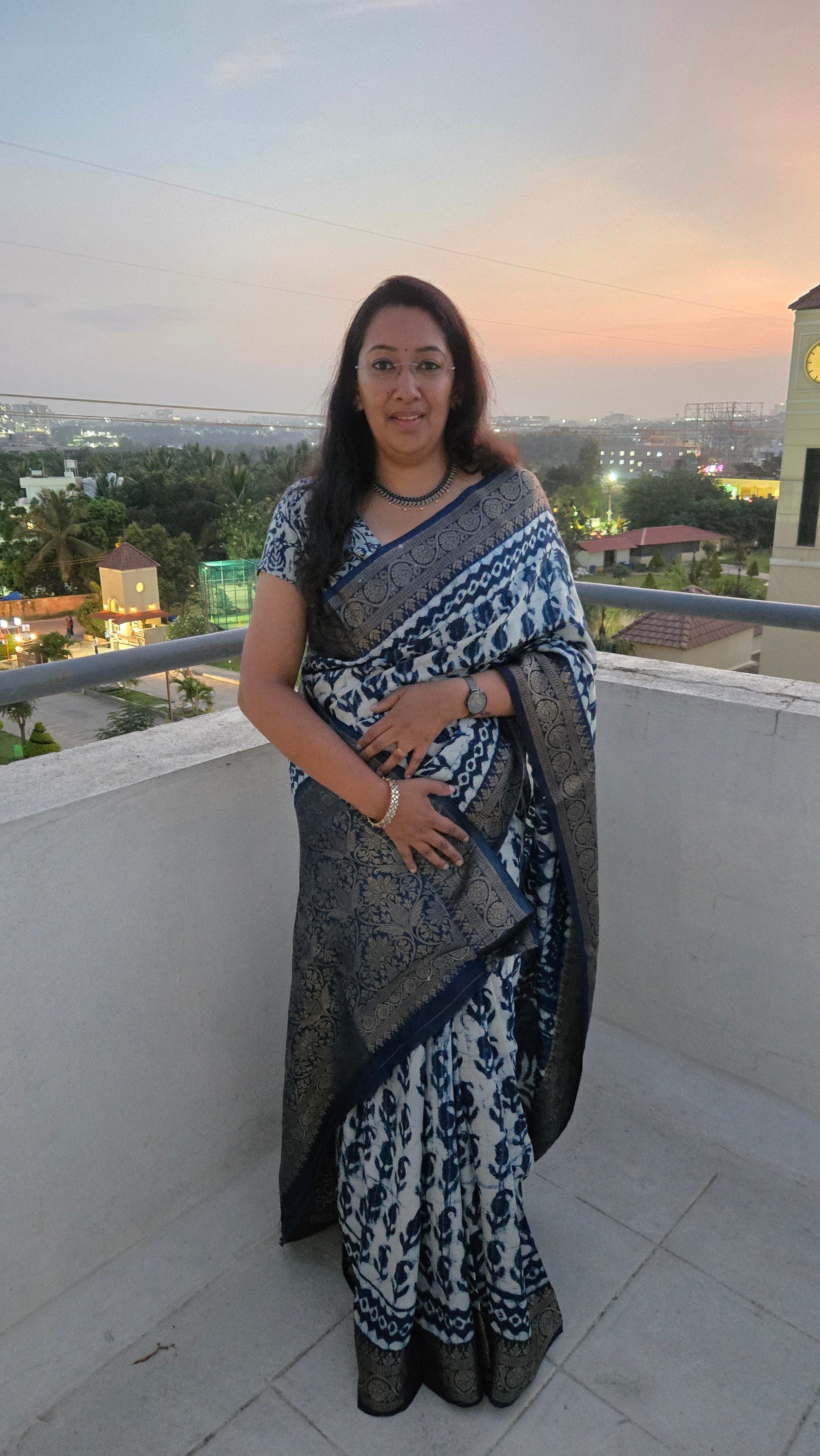 Indigo Dola Silk Saree with Geometric Dabbu Design