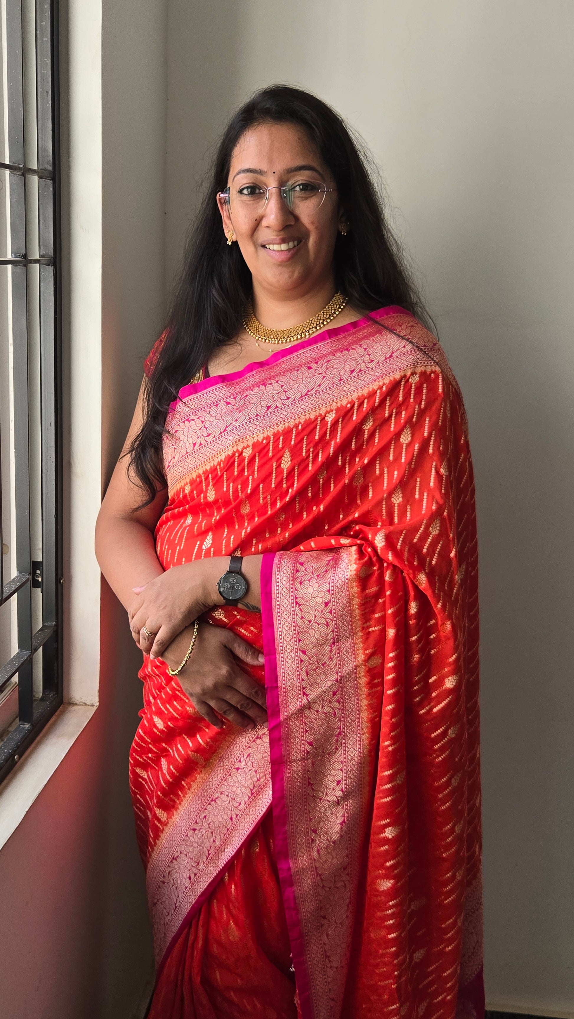 Semi Banarasi Georgette Orange and Contrast Pink Saree