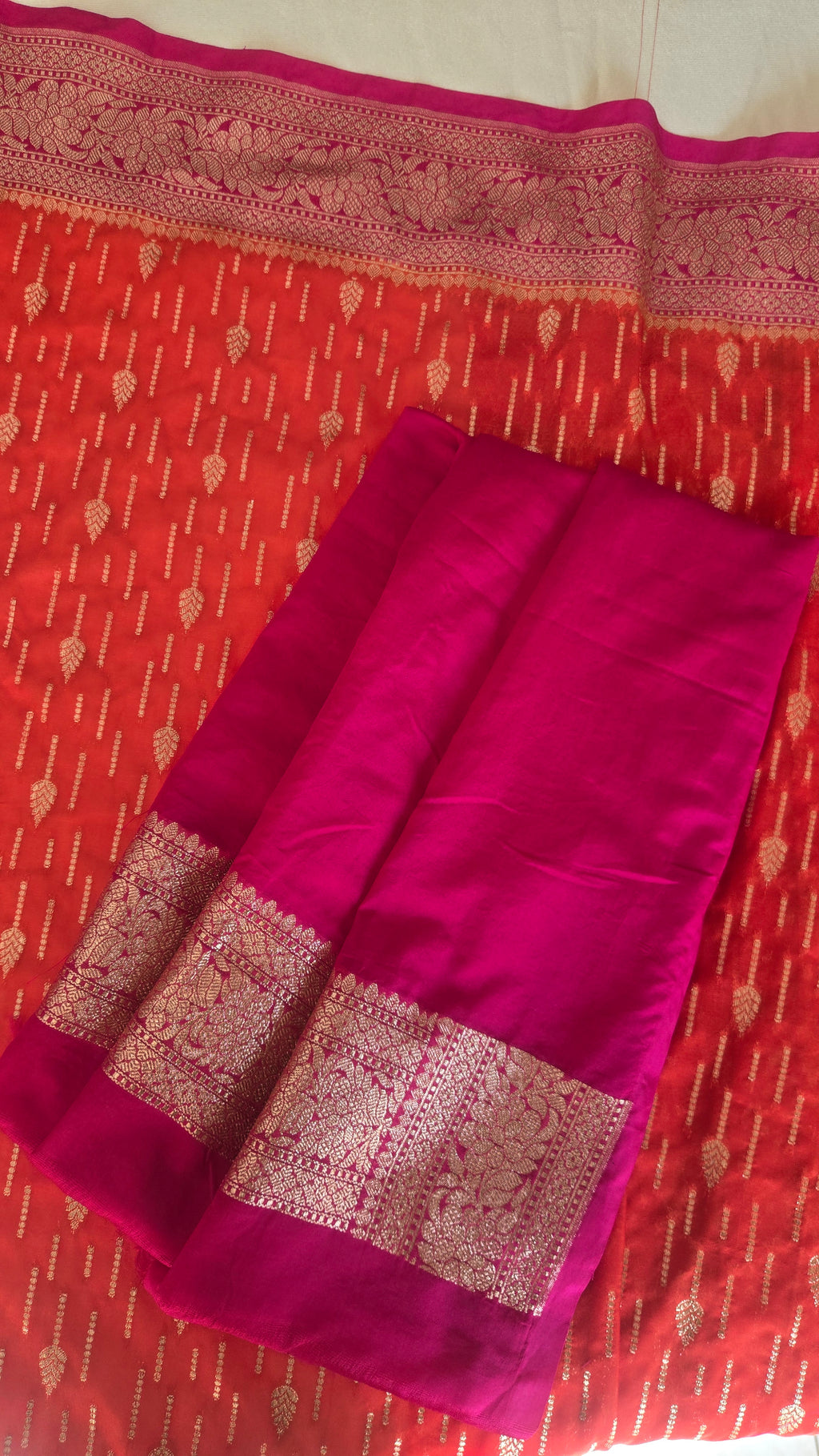 Semi Banarasi Georgette Orange and Contrast Pink Saree