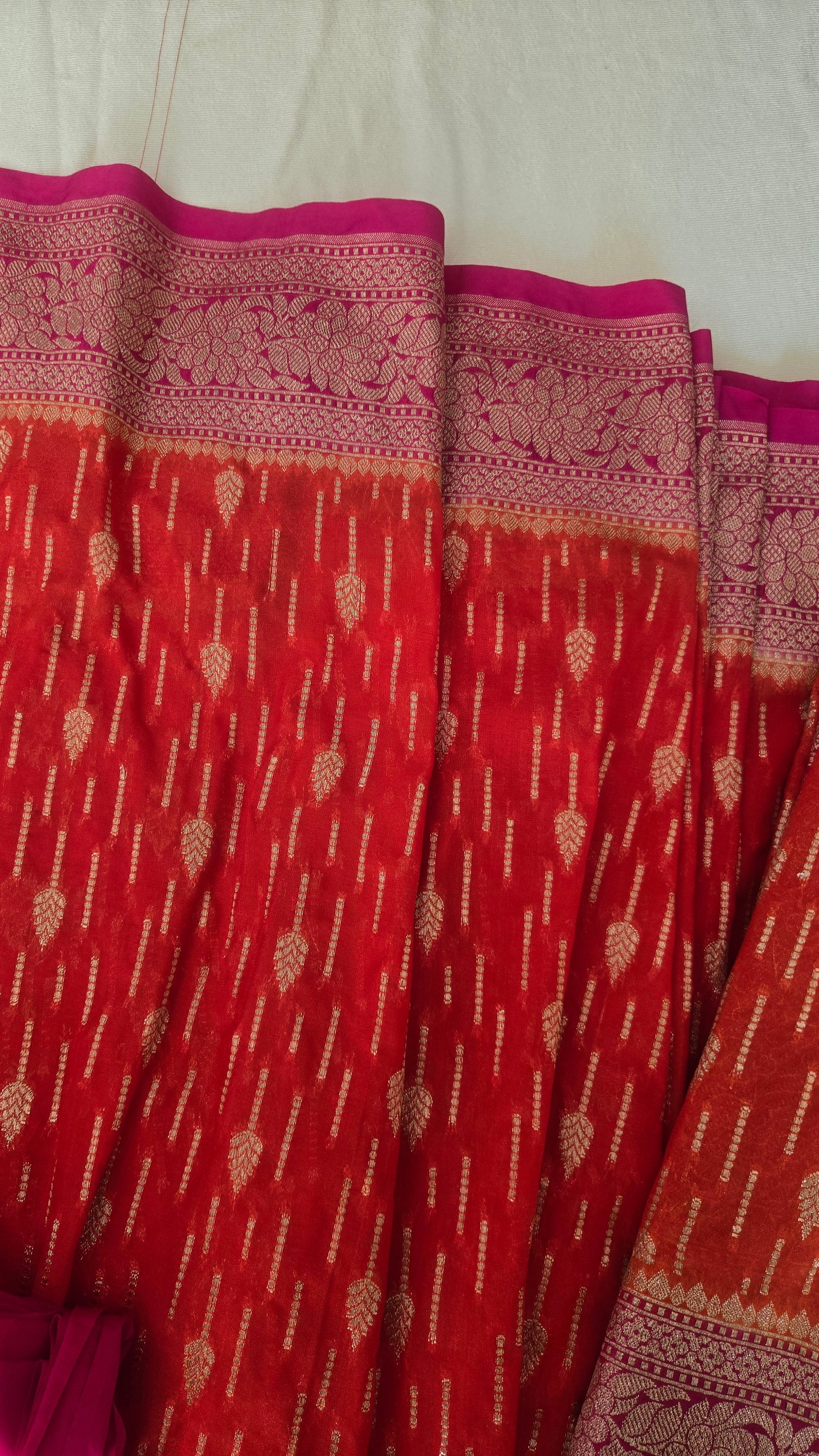 Semi Banarasi Georgette Orange and Contrast Pink Saree