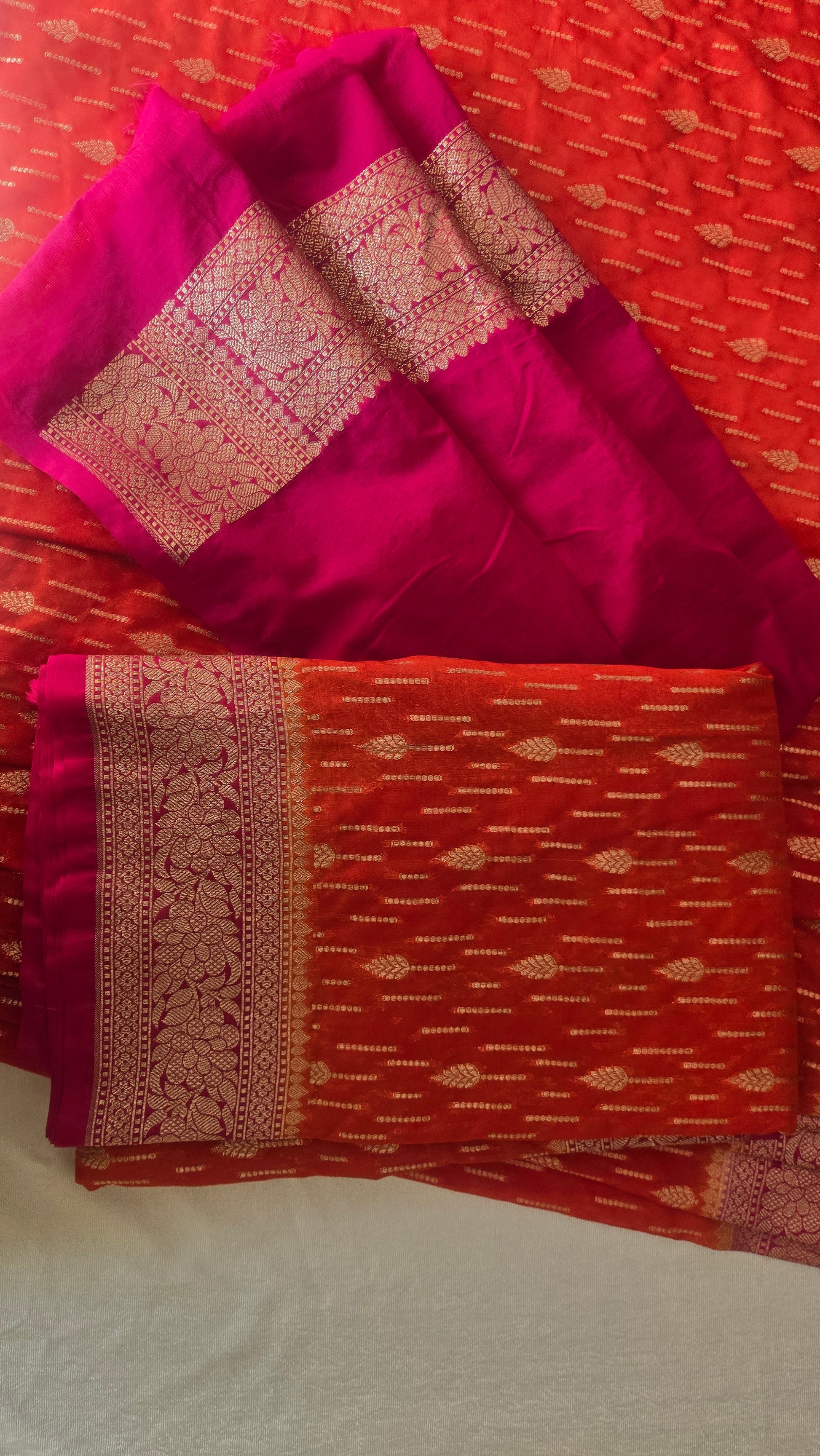 Semi Banarasi Georgette Orange and Contrast Pink Saree