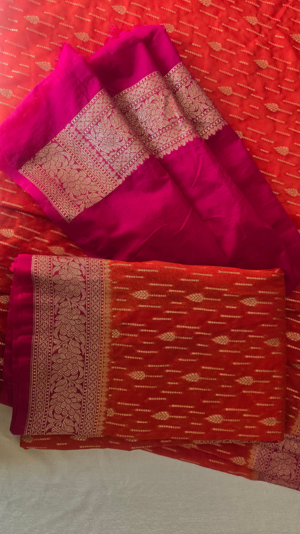 Semi Banarasi Georgette Orange and Contrast Pink Saree