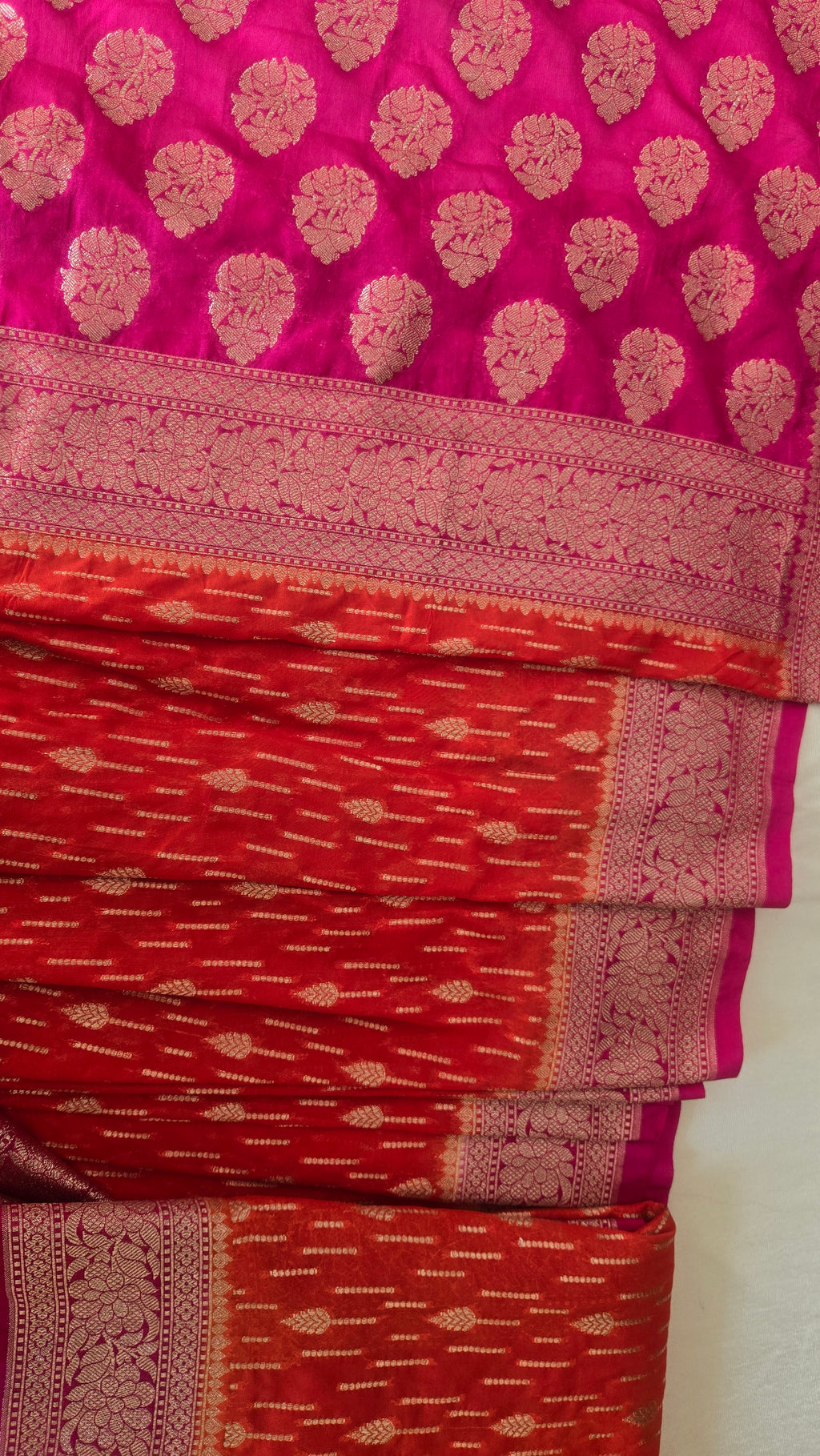 Semi Banarasi Georgette Orange and Contrast Pink Saree