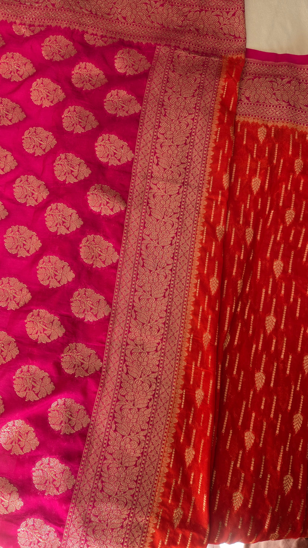 Semi Banarasi Georgette Orange and Contrast Pink Saree
