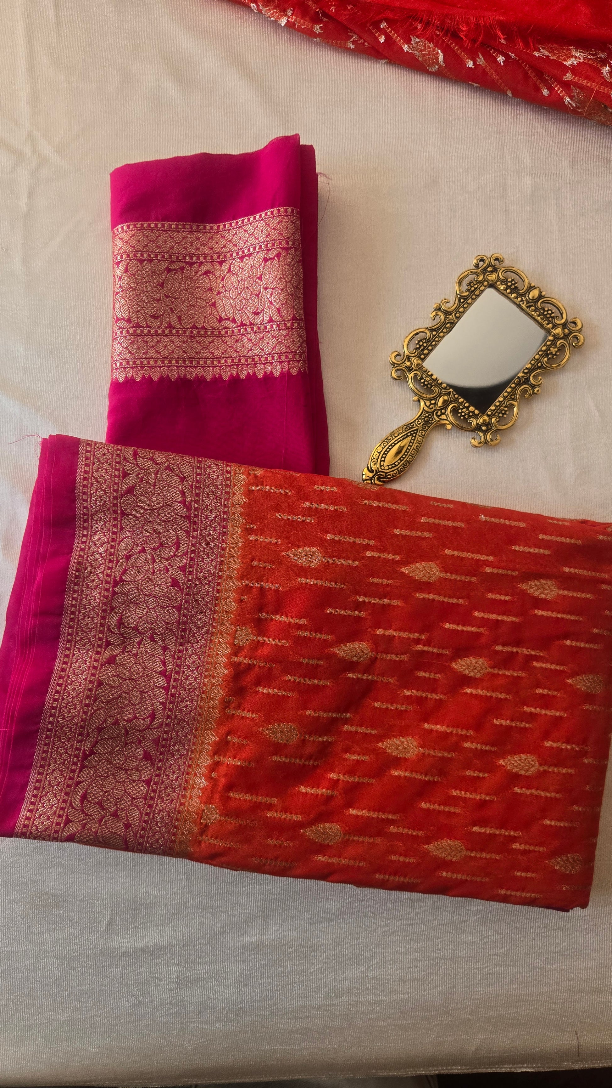 Semi Banarasi Georgette Orange and Contrast Pink Saree