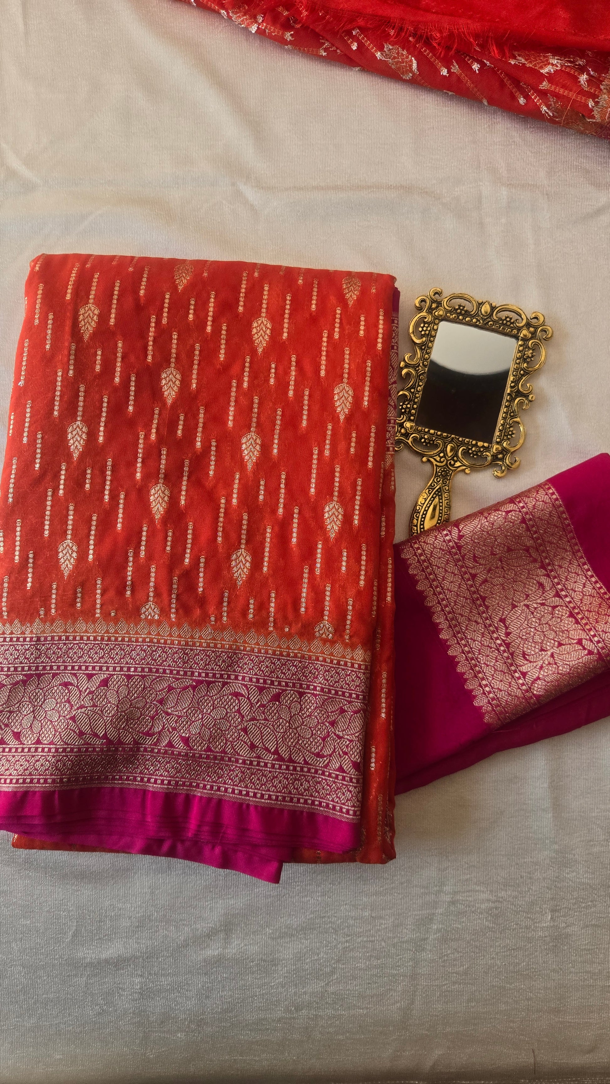 Semi Banarasi Georgette Orange and Contrast Pink Saree