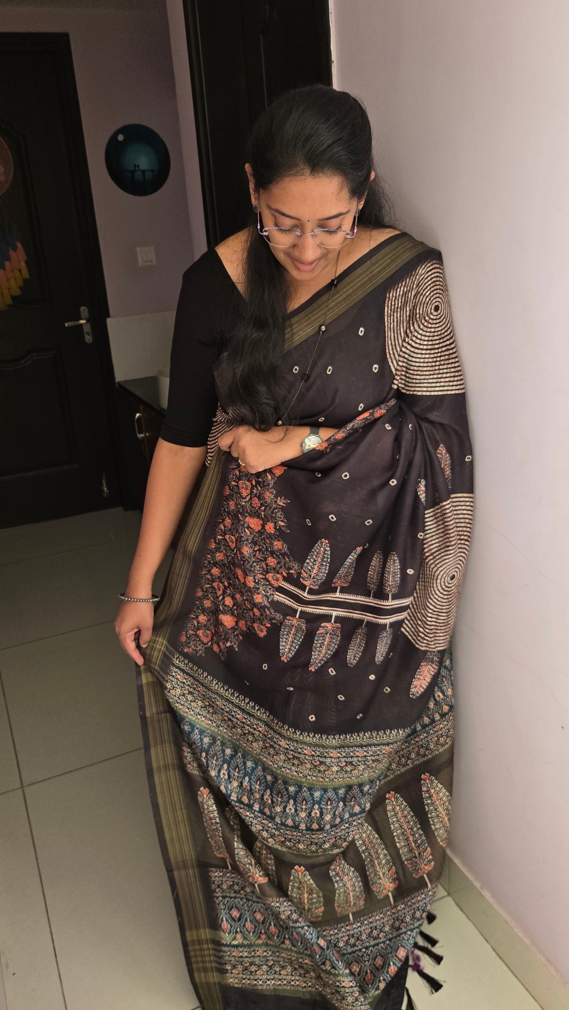 Tussar Silk Saree with Ajrakh-Inspired Prints