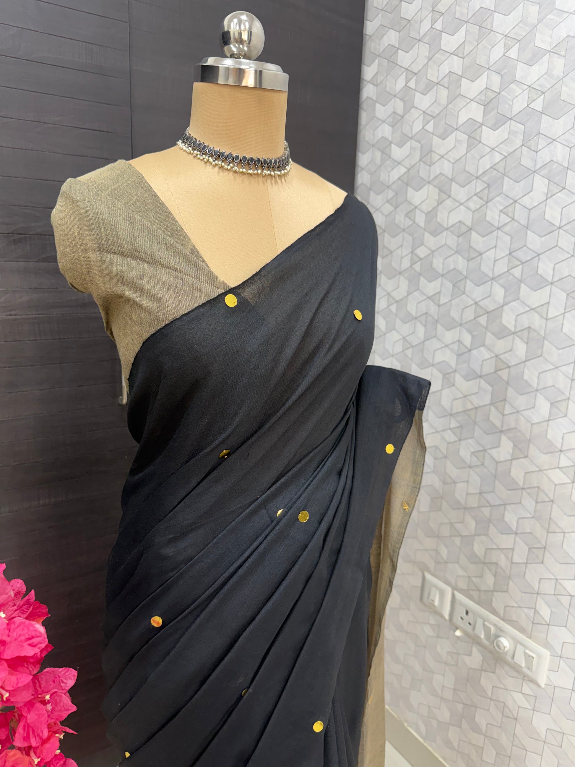 Black & Beige Khadi Cotton Saree