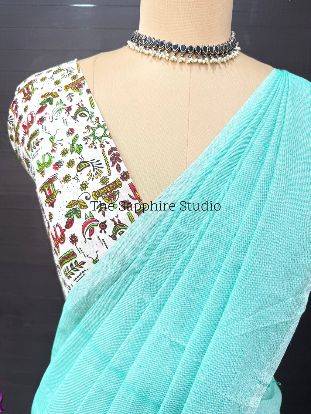Sea Green khadi cotton saree with Printed Contrast Blouse