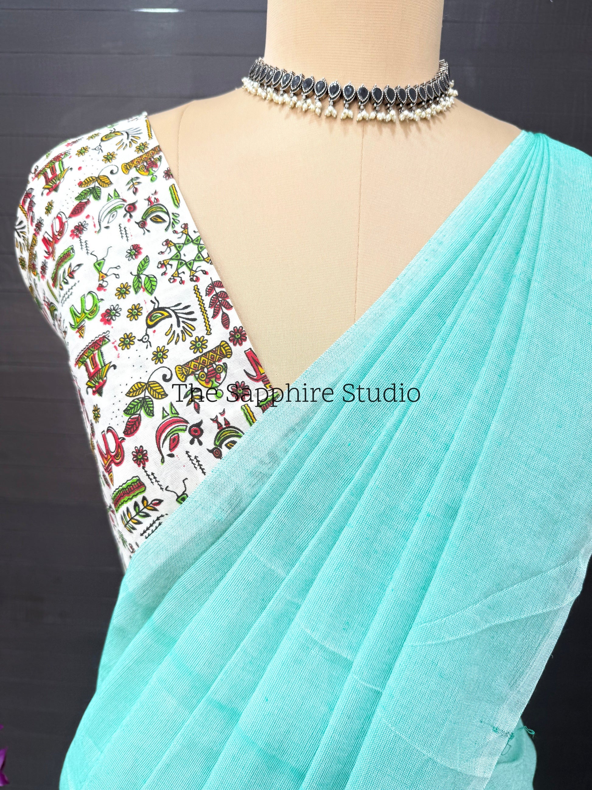 Sea Green khadi cotton saree with Printed Contrast Blouse