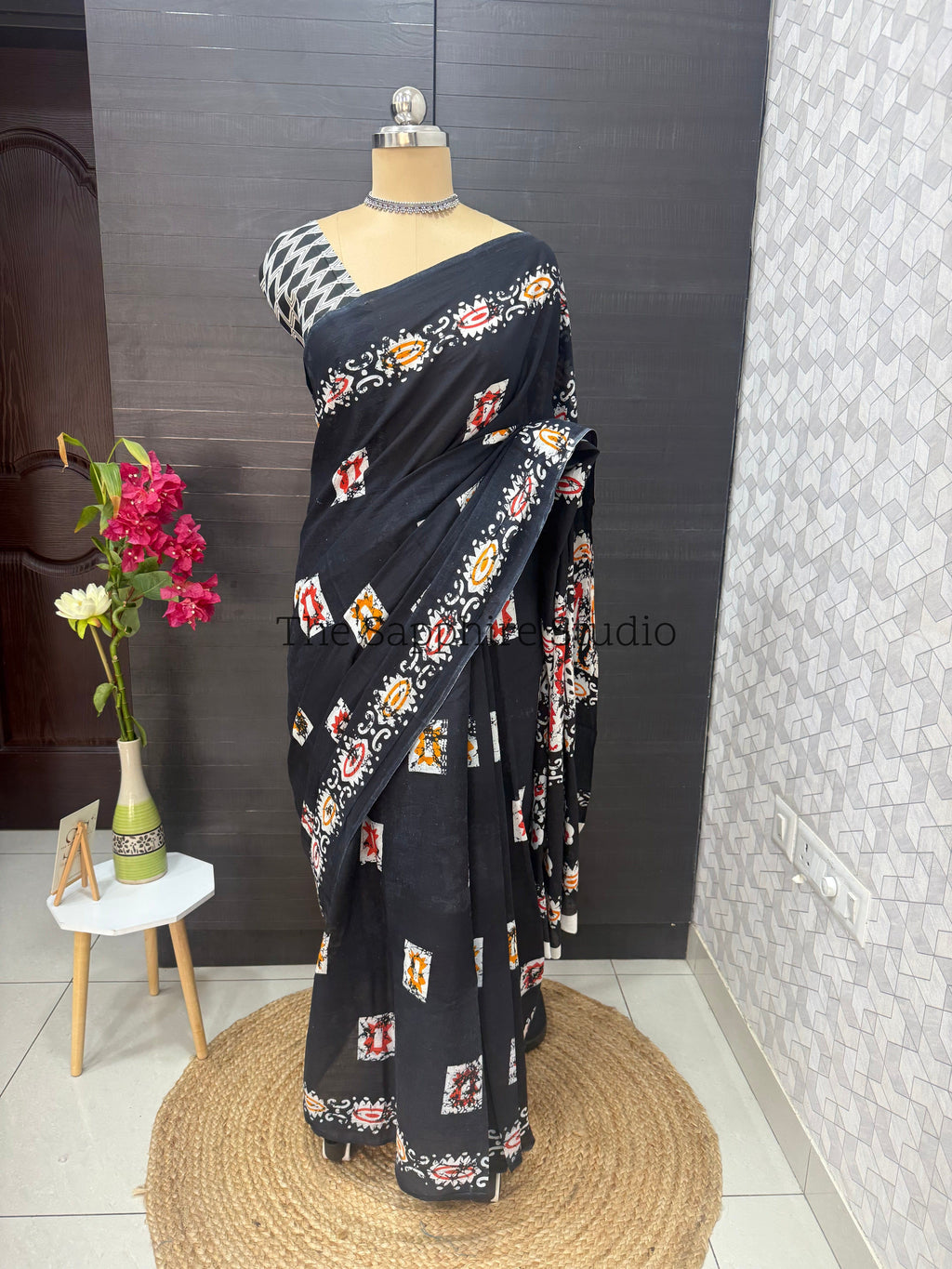 Black Mul Cotton Saree with Readymade Blouse