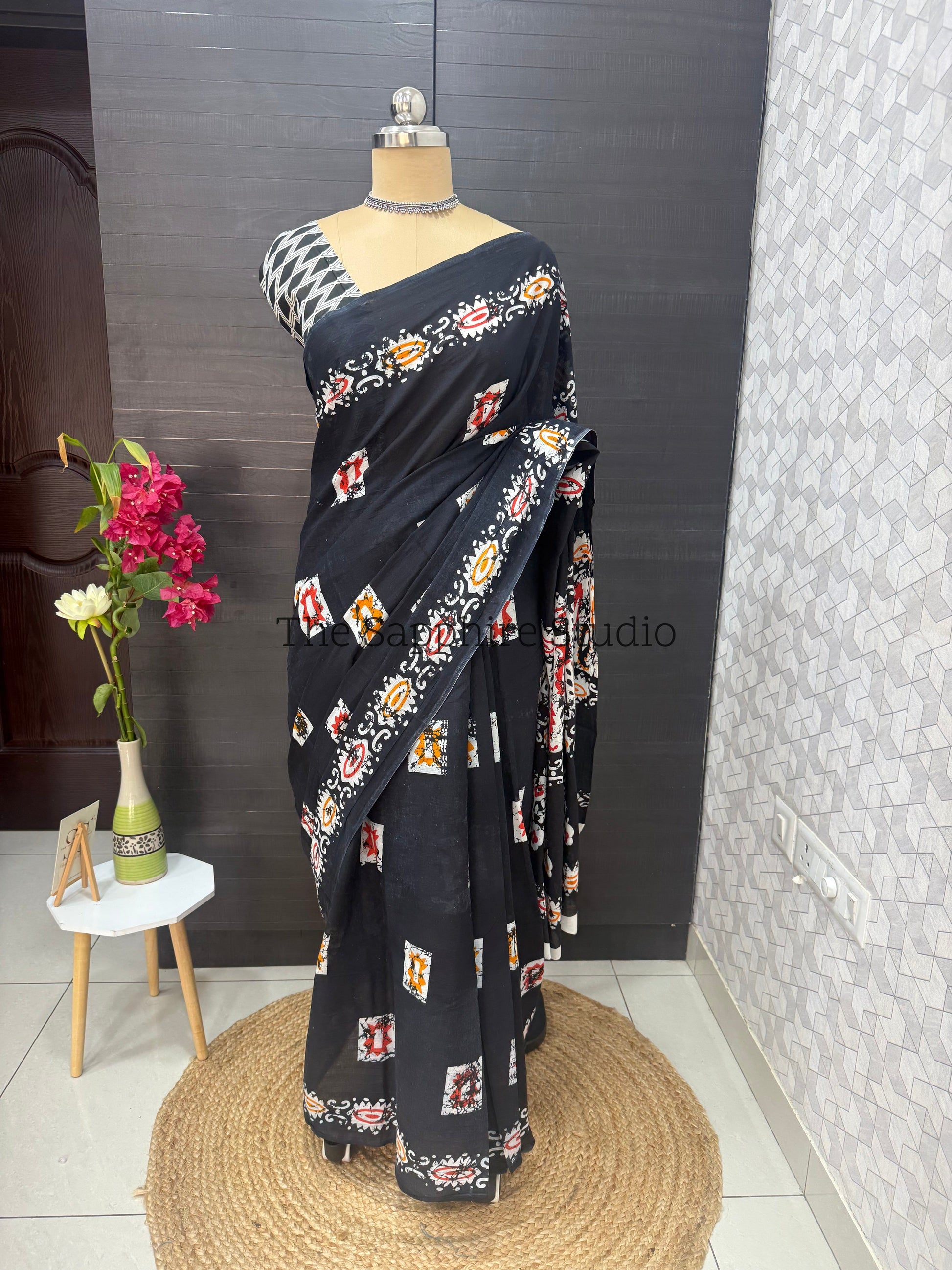 Black Mul Cotton Saree with Readymade Blouse