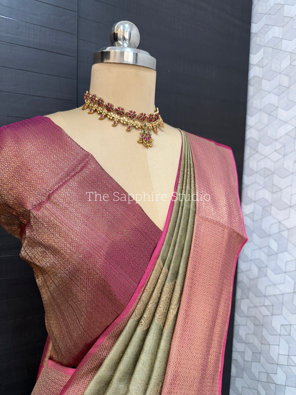 Cotton Silk Saree - Olive Green Cotton Silk Saree with Buta Work & Contrast Border