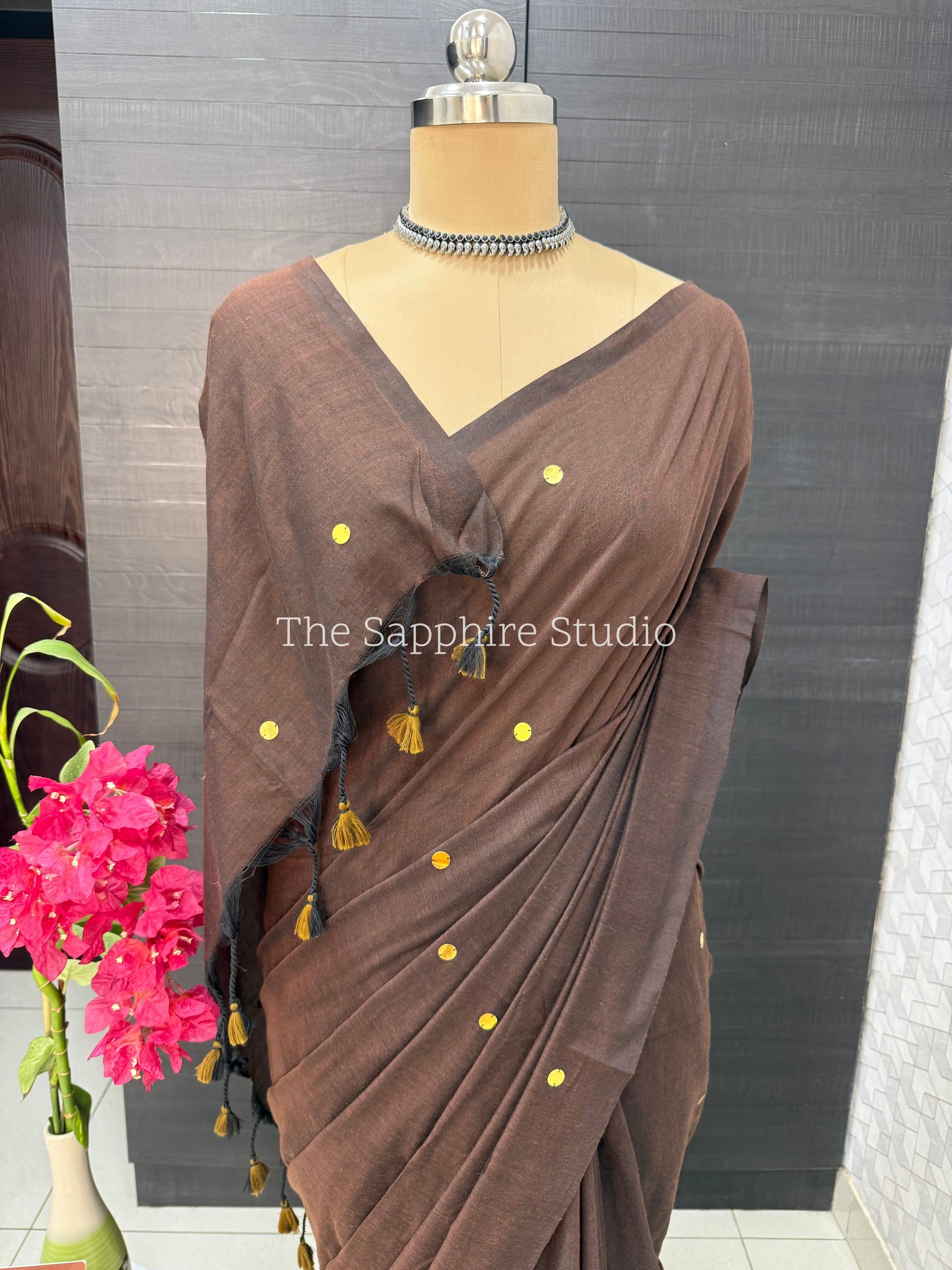 Chocolate Brown Khadi Cotton Saree