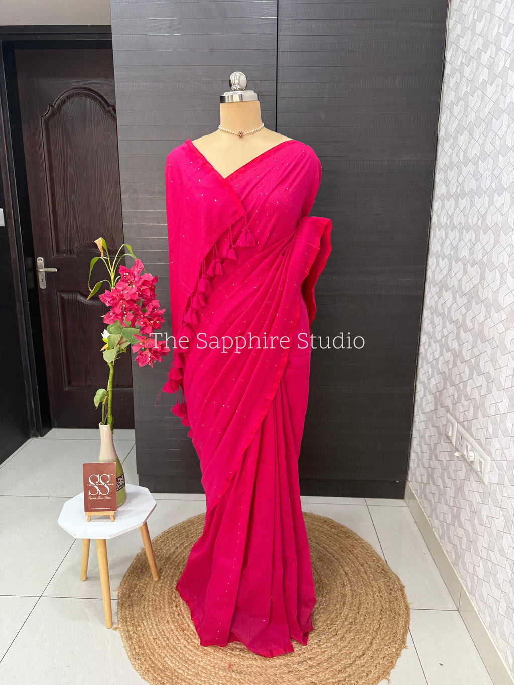 Deep Rani Pink Mul Mul Cotton Saree with Tassels and Ready Made Blouse