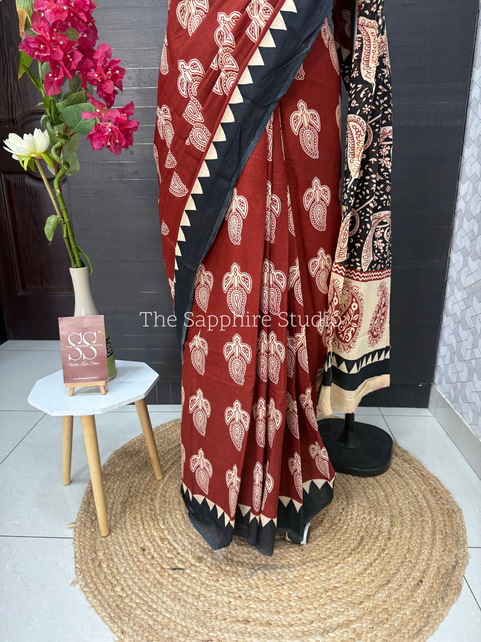 Rust Red & Black Mul Cotton Saree with Readymade Blouse