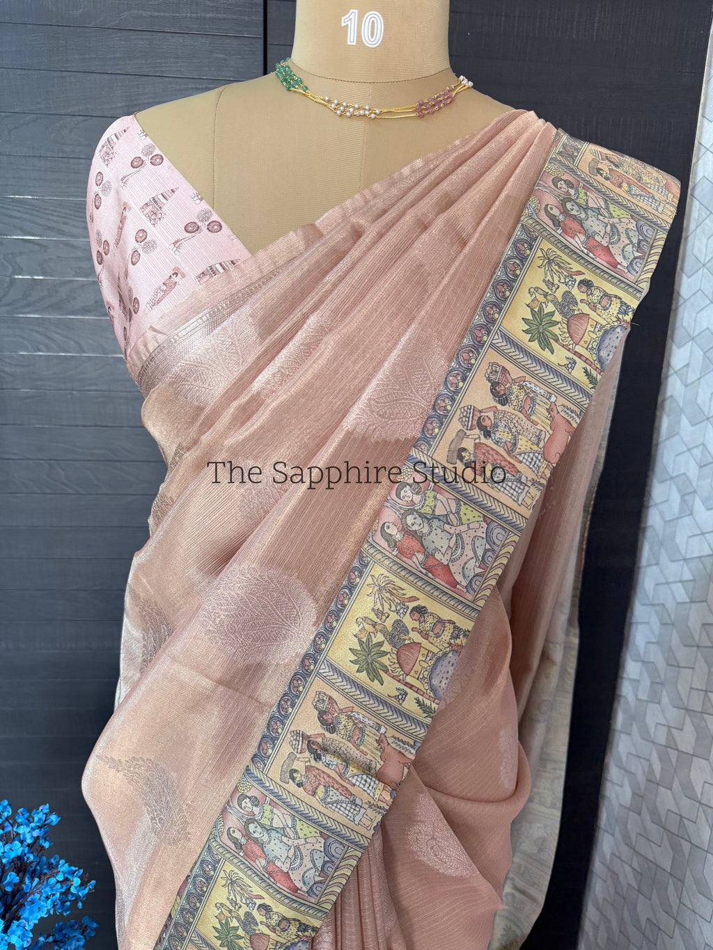 Blush Heritage Print Border Tissue saree