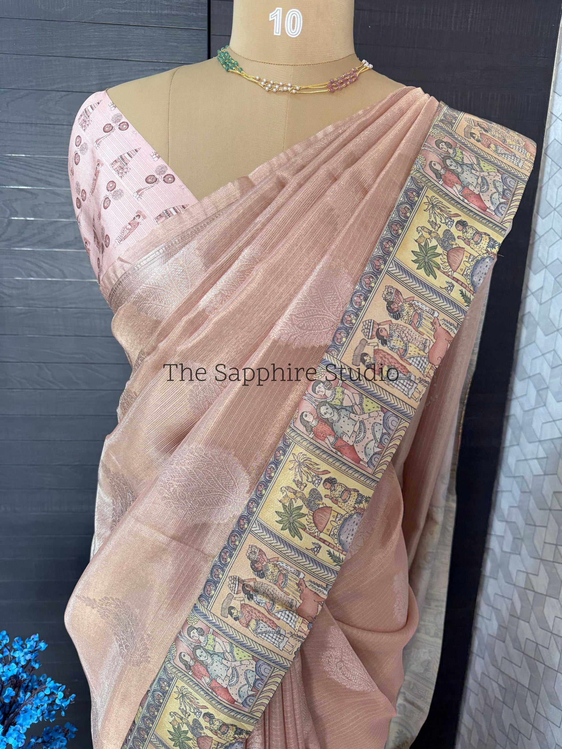 Blush Heritage Print Border Tissue saree