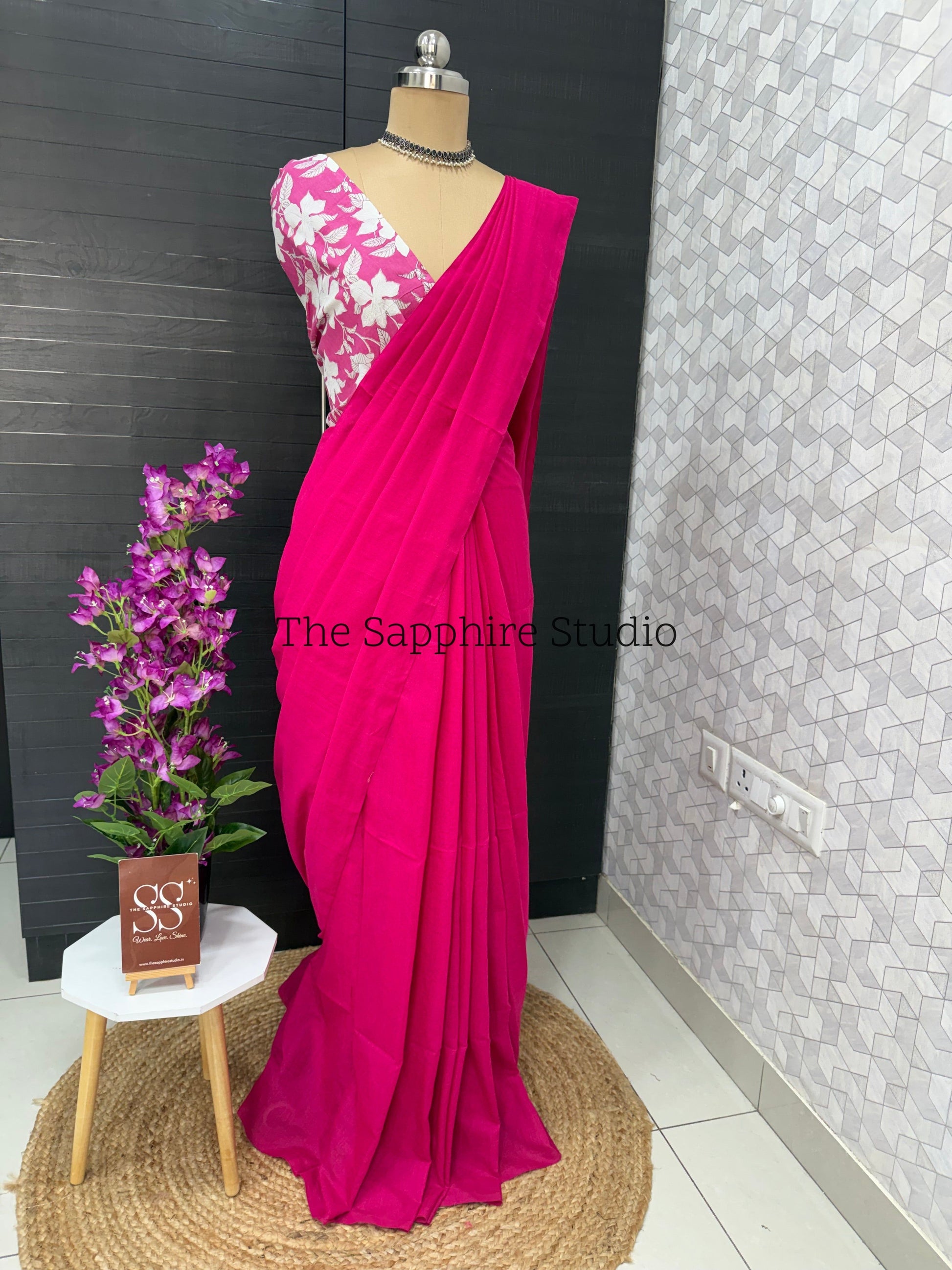 Hot Pink Khadi cotton saree with Floral Contrast Blouse