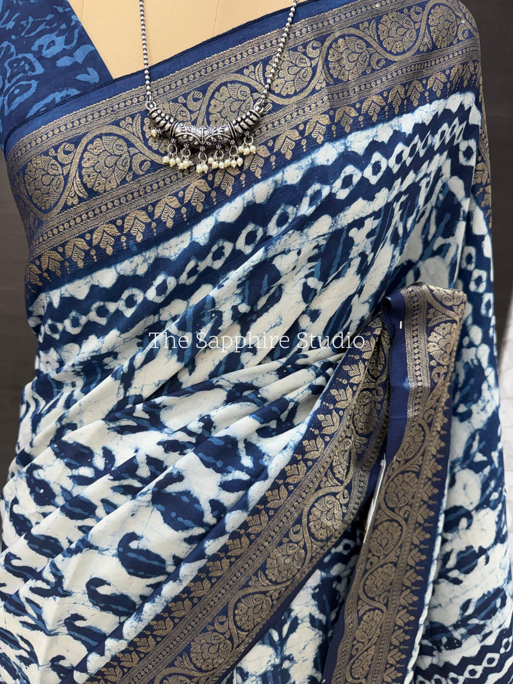indigo printed silk saree with zari border, office wear saree for women India, Dabbu print saree for festive wear and pooja use