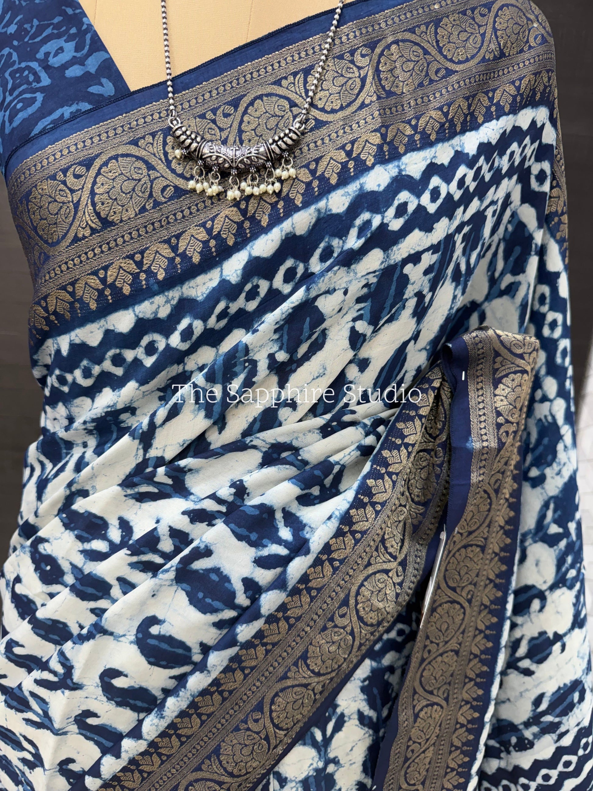 indigo printed silk saree with zari border, office wear saree for women India, Dabbu print saree for festive wear and pooja use