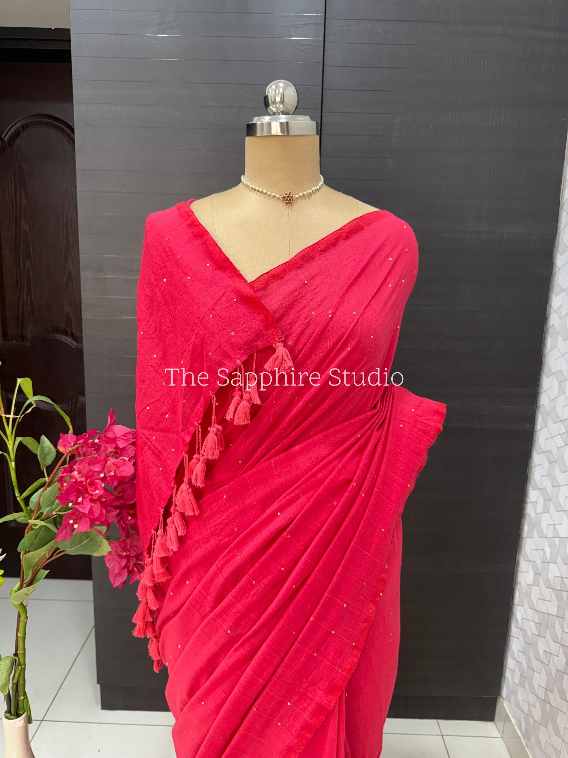 Delicate sequin work light pink mul cotton saree with ready made blouse