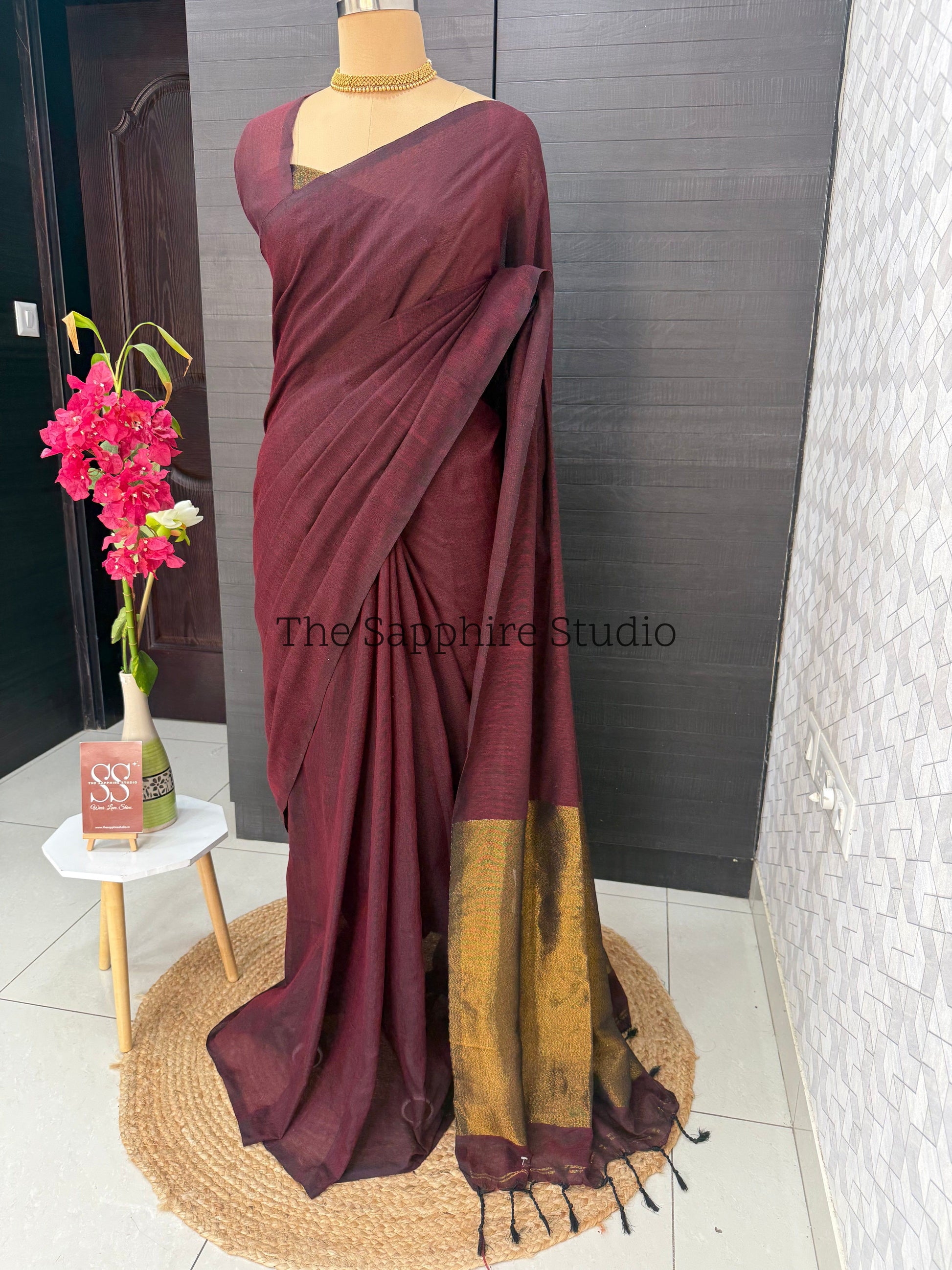 Deep maroon Khadi cotton saree