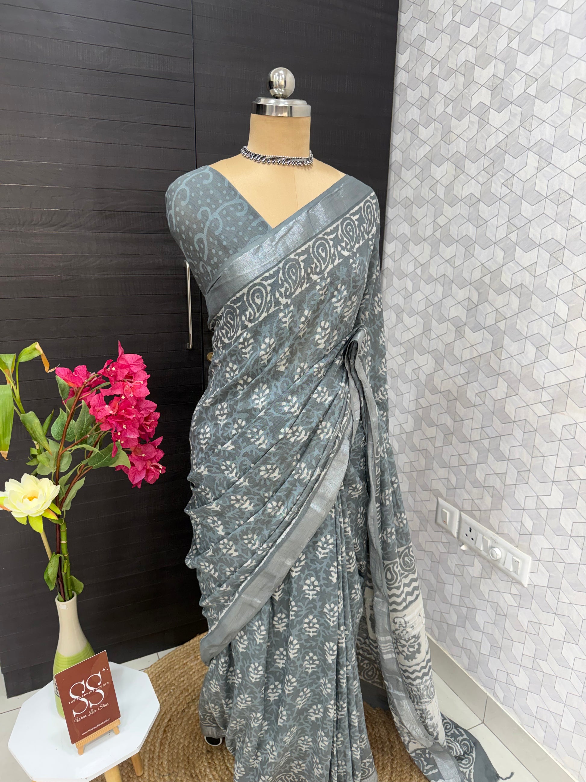 Grey Linen Bagru Saree with Running Blouse
