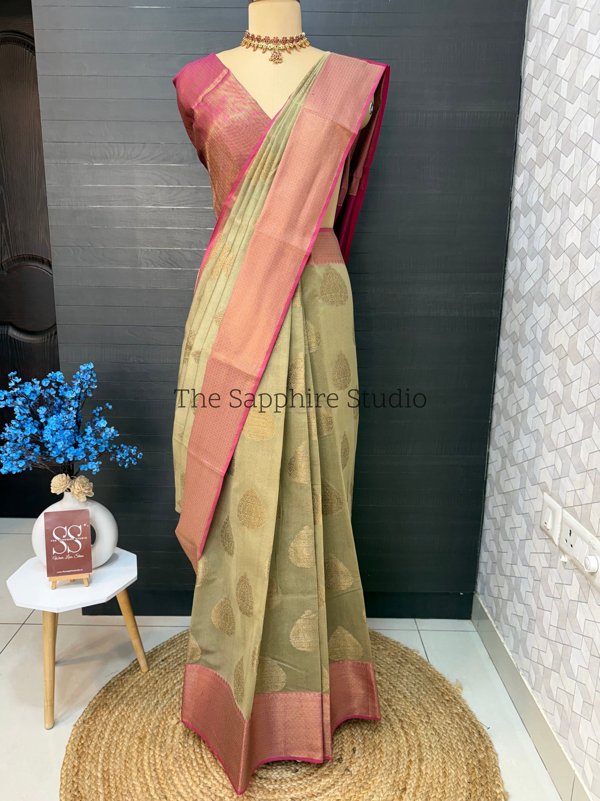 Cotton Silk Saree - Olive Green Cotton Silk Saree with Buta Work & Contrast Border