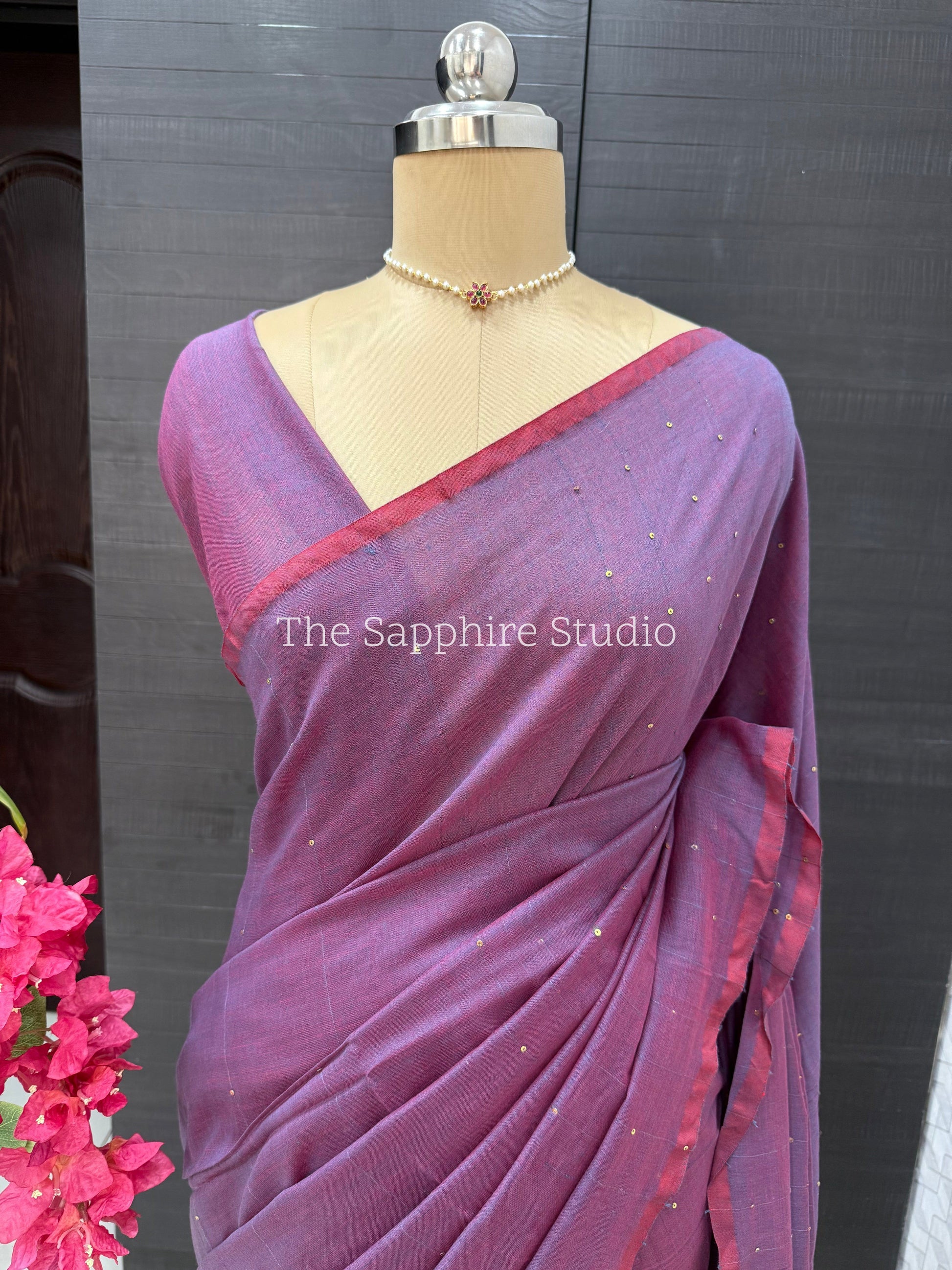 Deep Purple Mul Mul Cotton Saree with Contrast Ready made Blouse