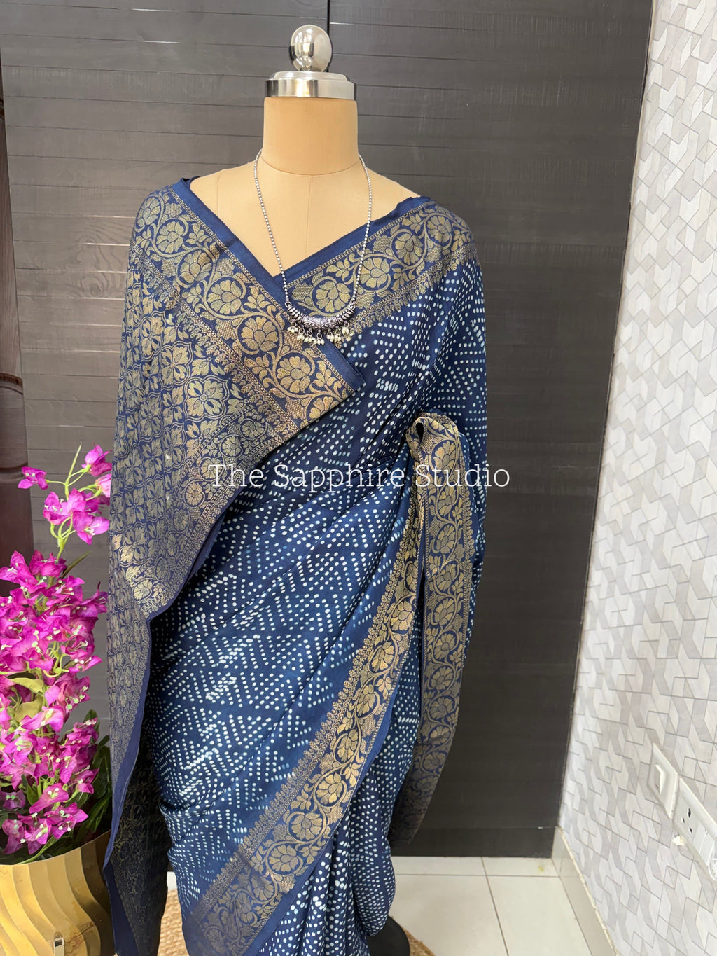 Indigo Dola Silk Saree with Round Floral Dabbu Print