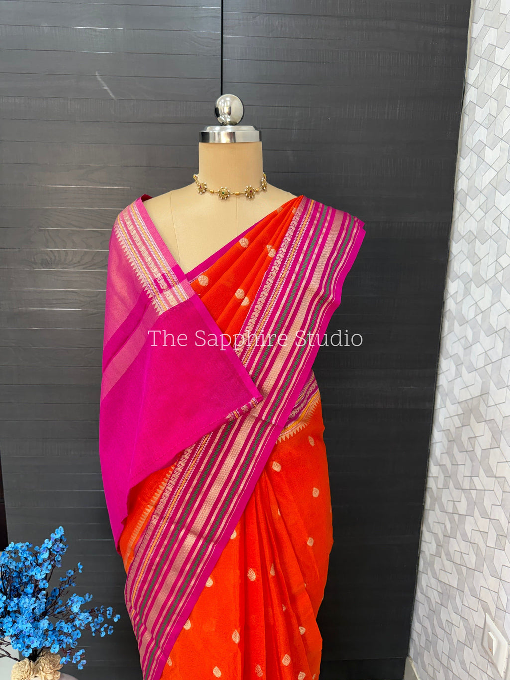 Pink and Orange Banarasi Chiniya Silk Saree with Zari Border