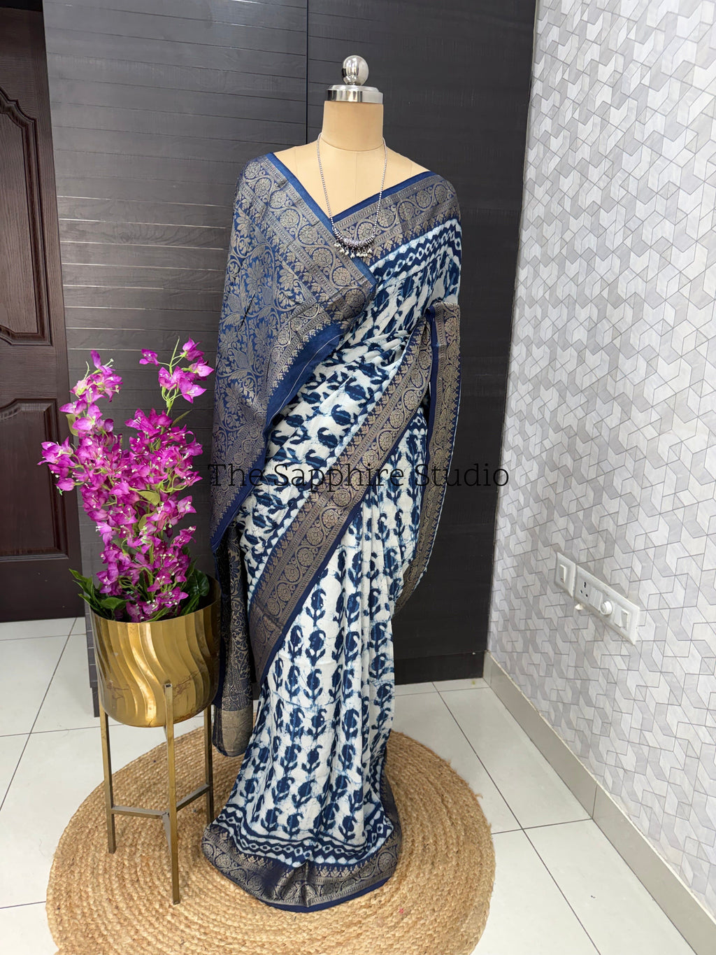Indigo Dola Silk Saree with Leaf Motif Dabbu Print