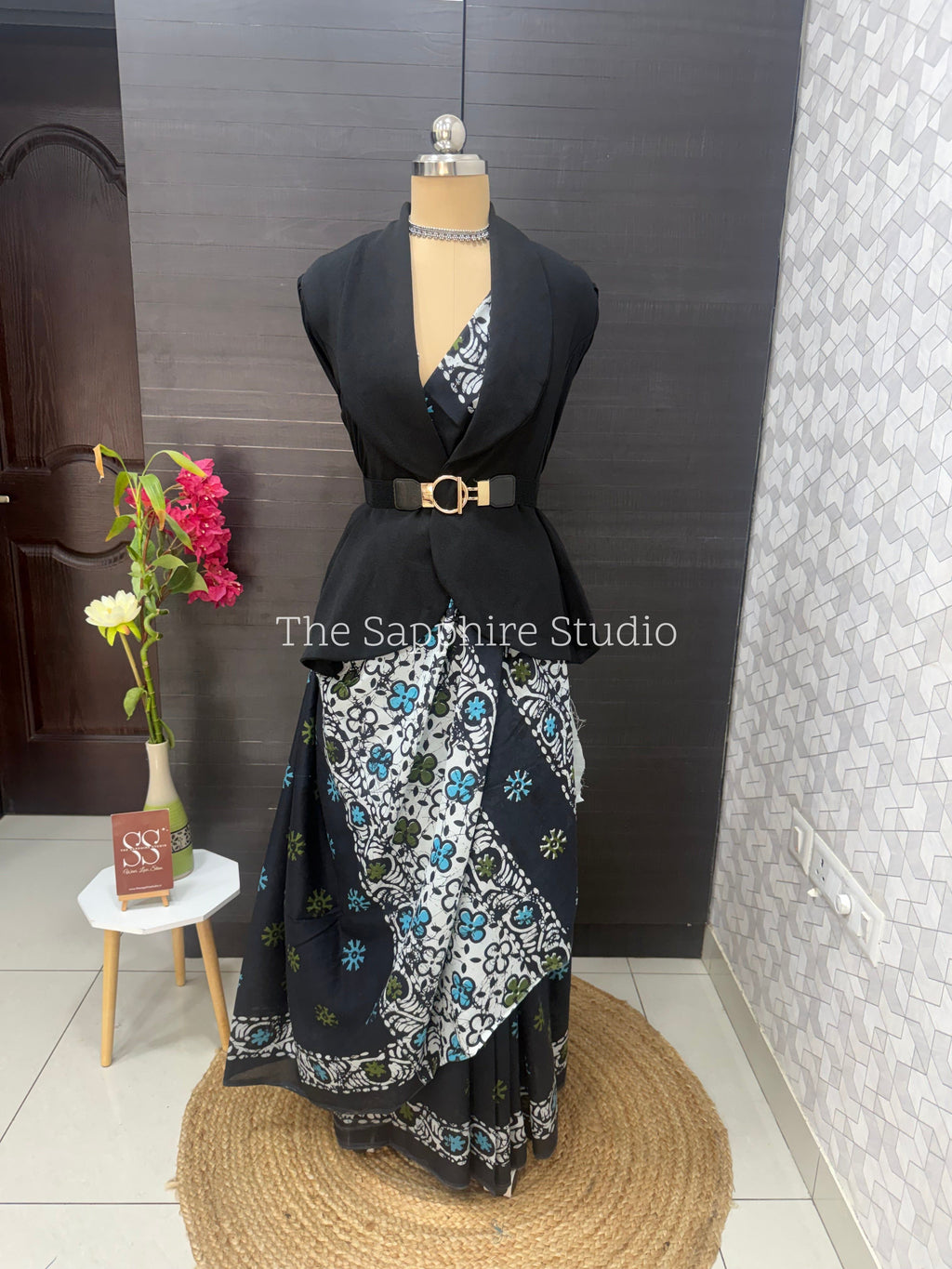 Navy Blue Mul Cotton Saree with Readymade Blouse