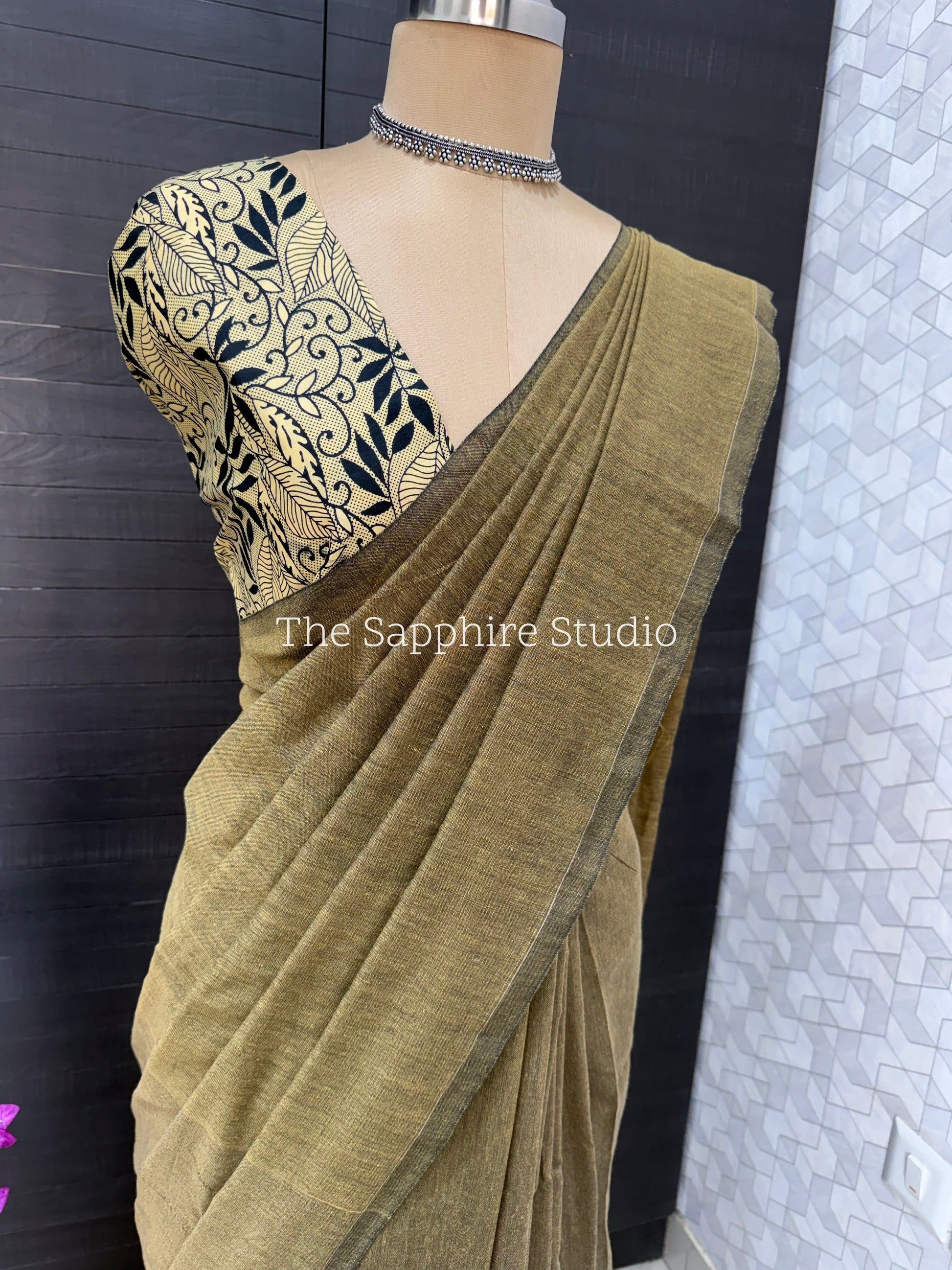 Beige Sand khadi cotton saree with Kalamkari Contrast Blouse