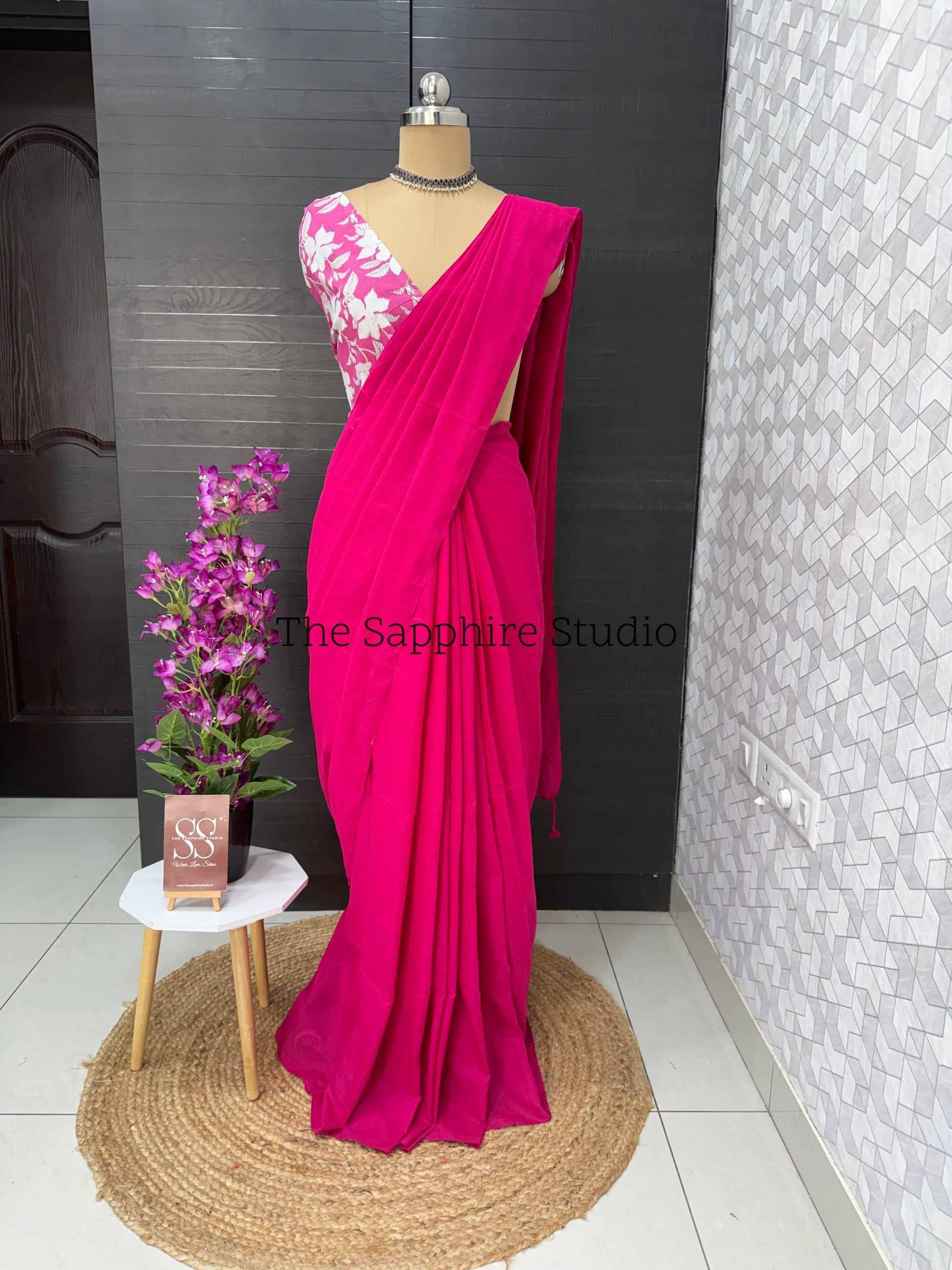 Hot Pink Khadi cotton saree with Floral Contrast Blouse