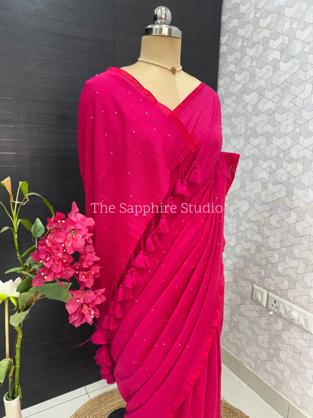 Deep Rani Pink Mul Mul Cotton Saree with Tassels and Ready Made Blouse