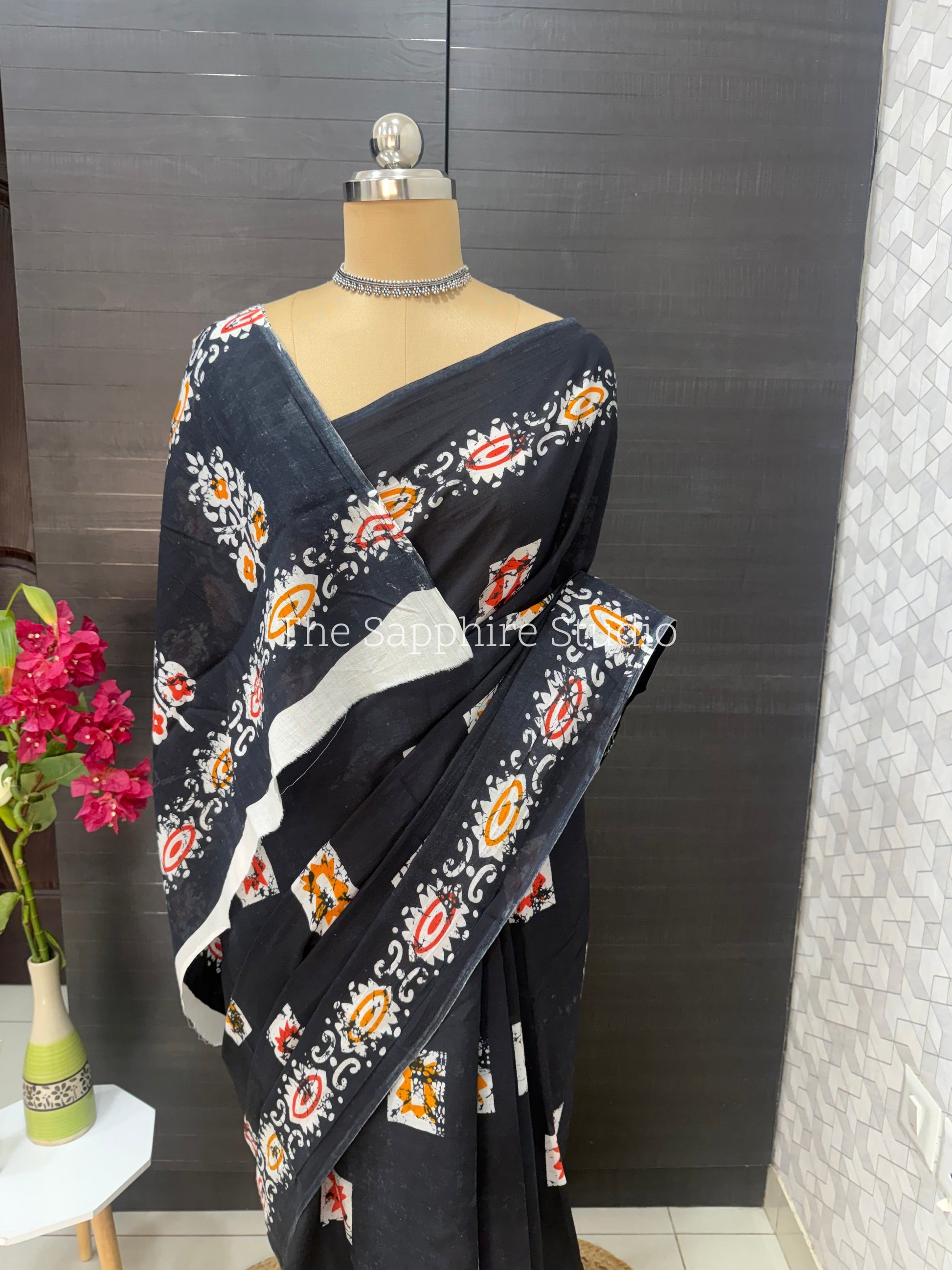 Black Mul Cotton Saree with Readymade Blouse